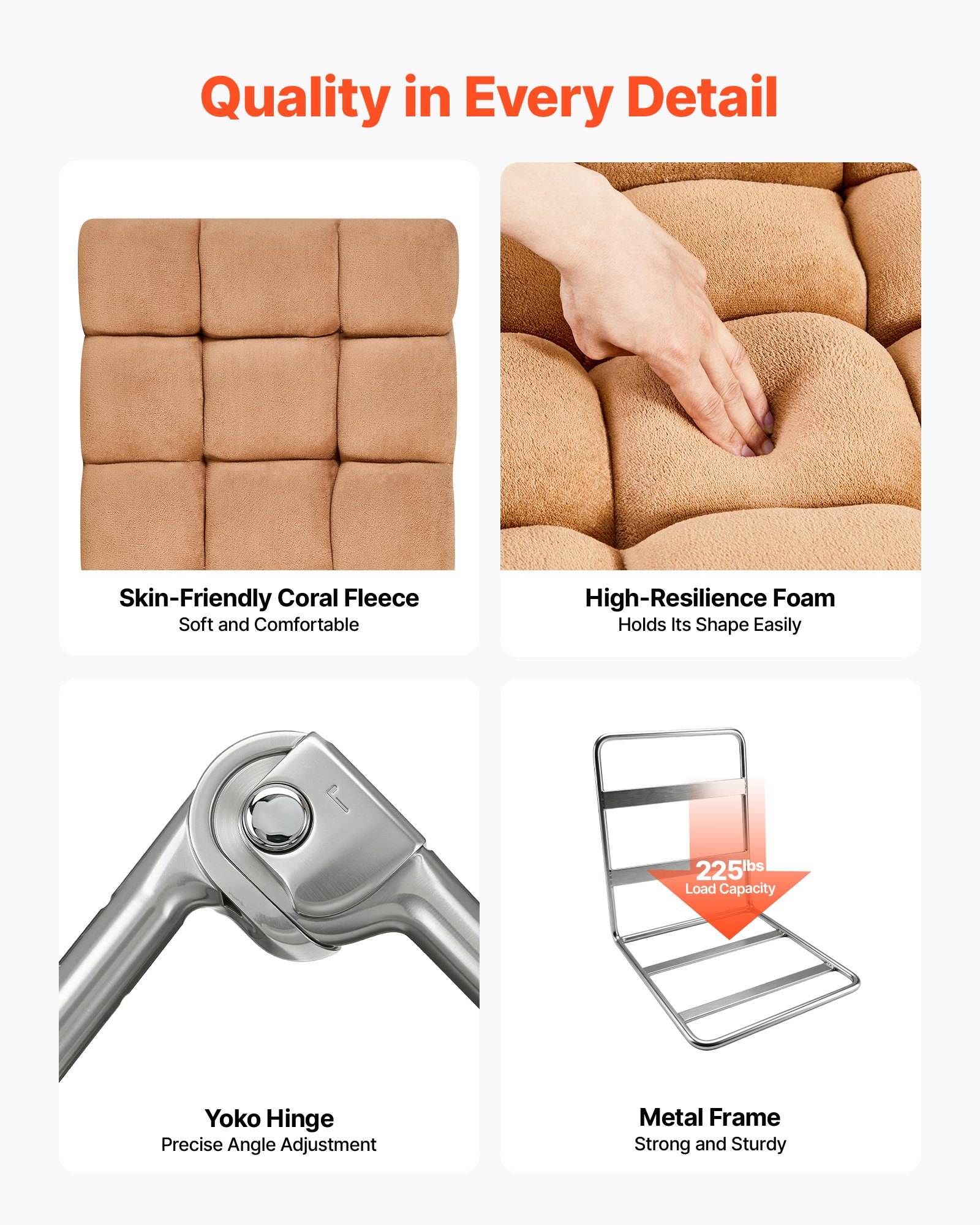 VEVOR Sillón de Suelo Relax, Sillón Reclinable con Respaldo Ajustable en 14 Posiciones, Acolchado de Espuma y Tapizado de Forro Polar Coral, para Lectura Descanso Sala de Estar Dormitorio, Marrón