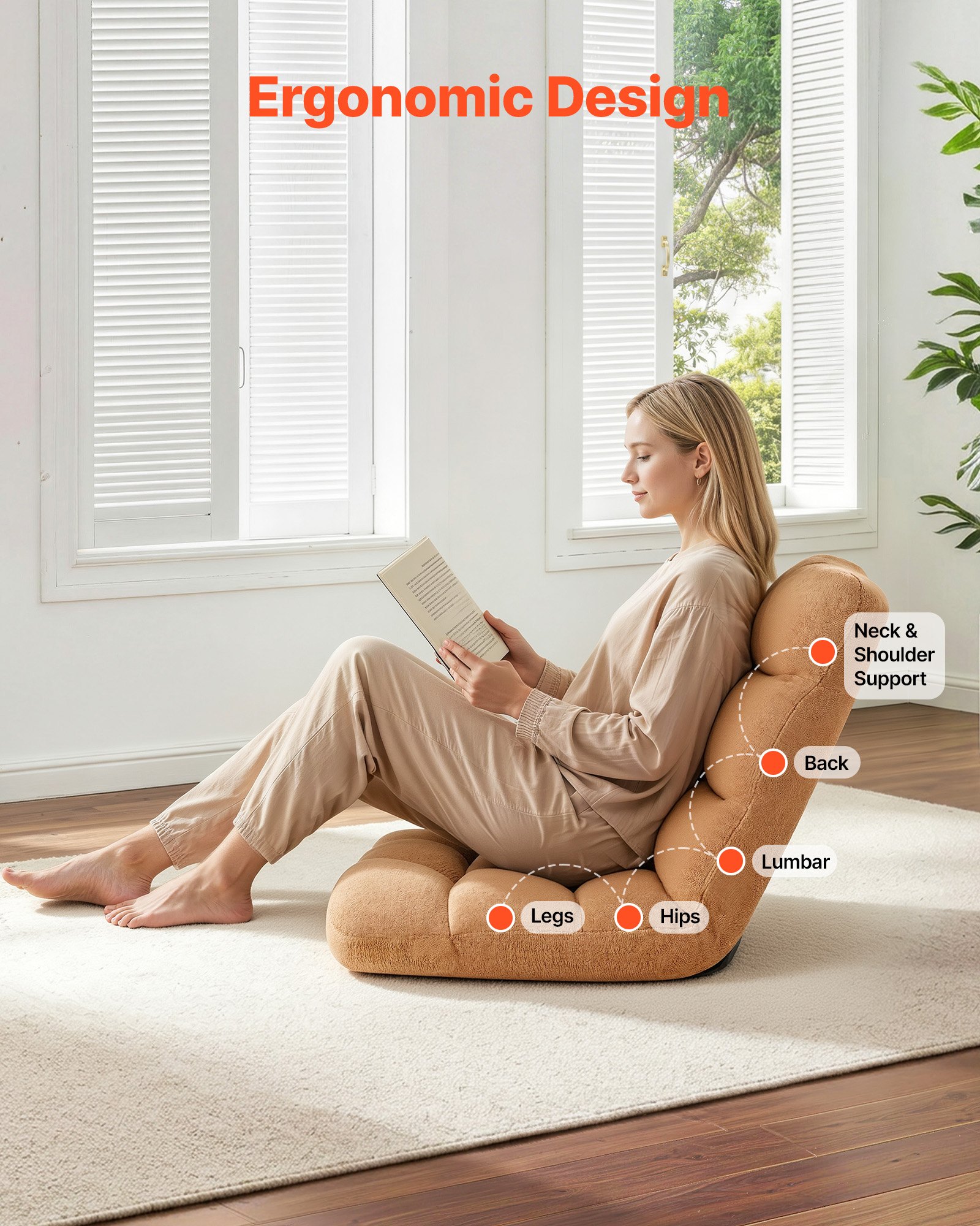VEVOR Sillón de Suelo Relax, Sillón Reclinable con Respaldo Ajustable en 14 Posiciones, Acolchado de Espuma y Tapizado de Forro Polar Coral, para Lectura Descanso Sala de Estar Dormitorio, Marrón