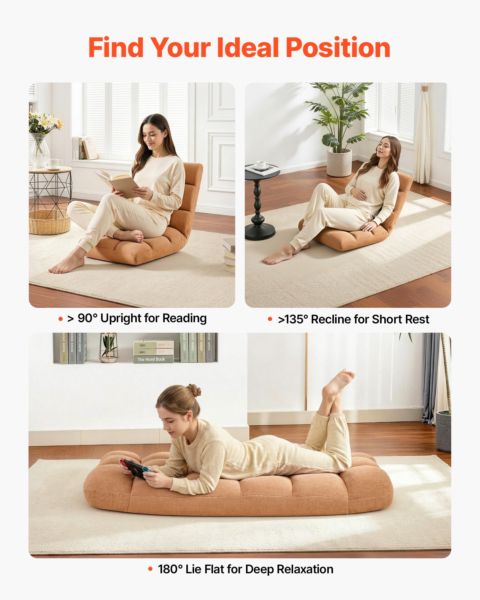 VEVOR Sillón de Suelo Relax, Sillón Reclinable con Respaldo Ajustable en 14 Posiciones, Acolchado de Espuma y Tapizado de Forro Polar Coral, para Lectura Descanso Sala de Estar Dormitorio, Marrón