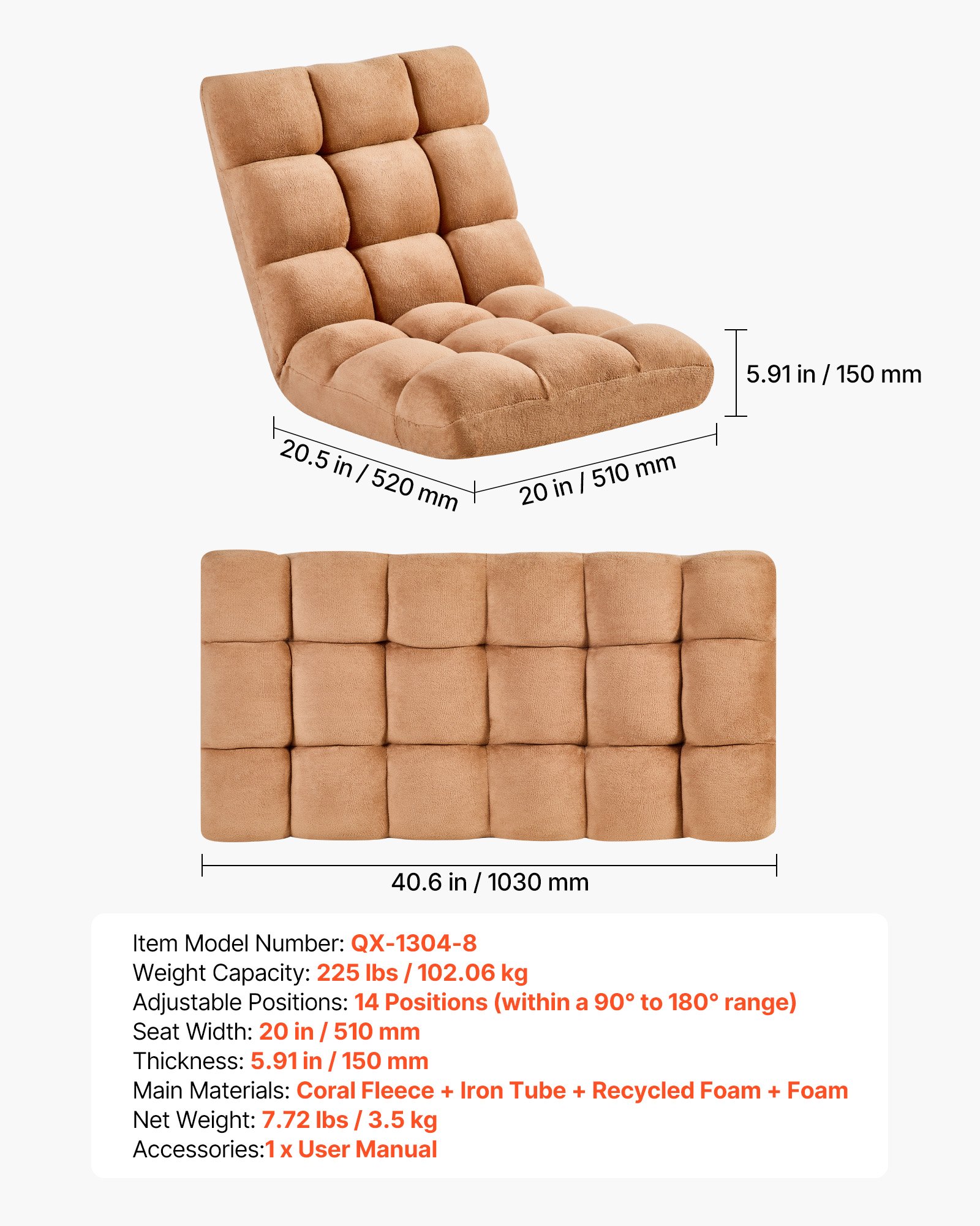 VEVOR Sillón de Suelo Relax, Sillón Reclinable con Respaldo Ajustable en 14 Posiciones, Acolchado de Espuma y Tapizado de Forro Polar Coral, para Lectura Descanso Sala de Estar Dormitorio, Marrón