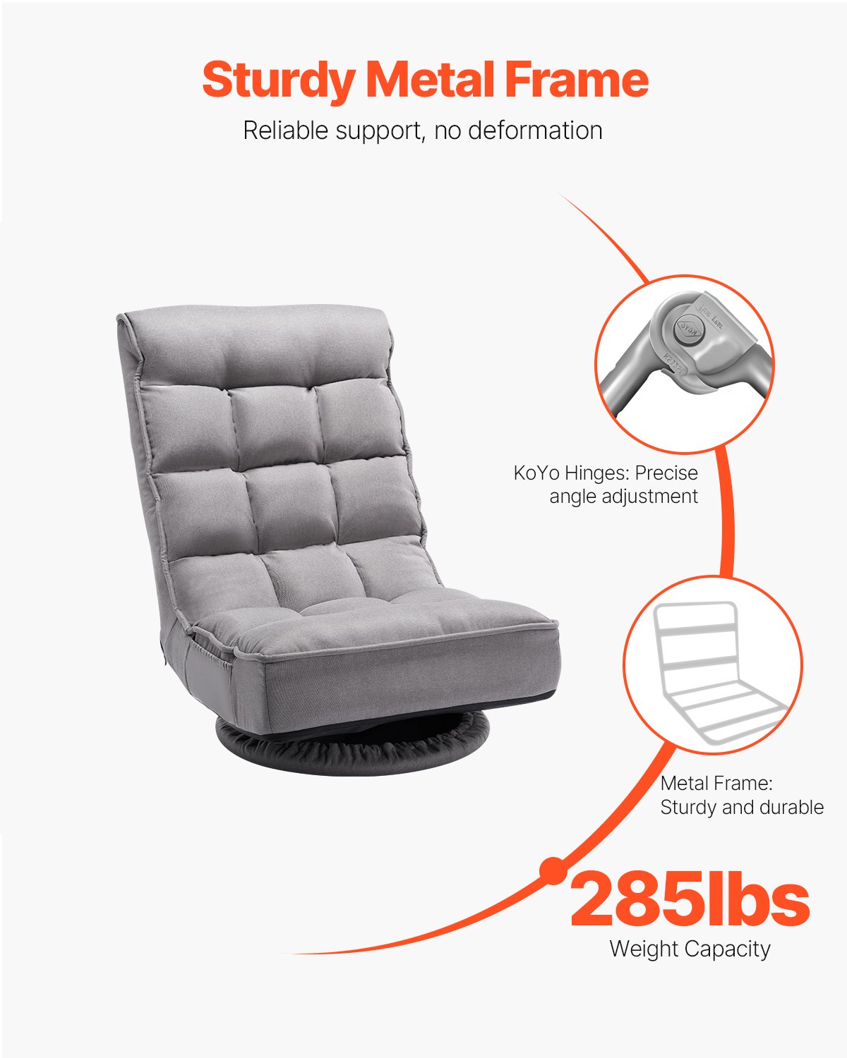 VEVOR Silla Giratoria de Piso 558 x 550 x 770 mm, Silla Giratoria de 360° con Respaldo Plegable de 4 Posiciones Ajustables y Soporte Lumbar, Sofá Reclinable Plegable para Ver TV, Leer y Jugar, Gris