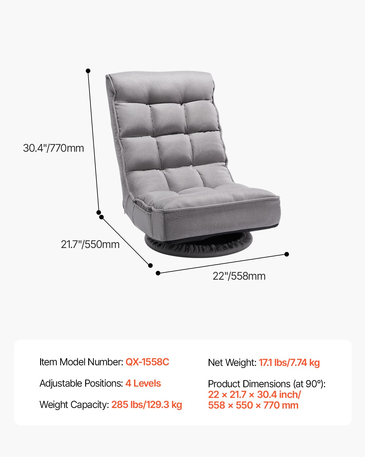 VEVOR Silla Giratoria de Piso 558 x 550 x 770 mm, Silla Giratoria de 360° con Respaldo Plegable de 4 Posiciones Ajustables y Soporte Lumbar, Sofá Reclinable Plegable para Ver TV, Leer y Jugar, Gris