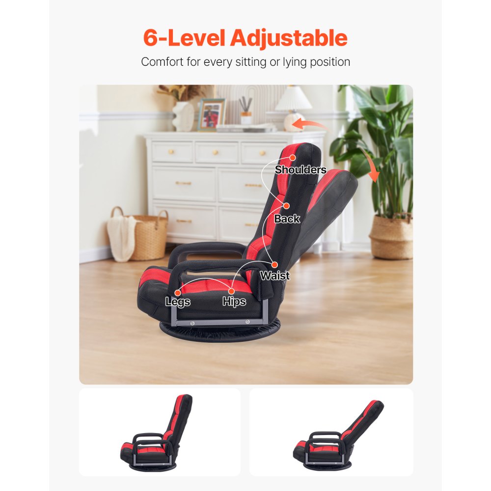 VEVOR Silla Giratoria para Juegos con Reposabrazos 540 x 660 x 760 mm, Silla Giratoria de 360° con Respaldo Plegable de 6 Posiciones Ajustables y Soporte Lumbar, Sofá Reclinable Plegable, Rojo y Negro