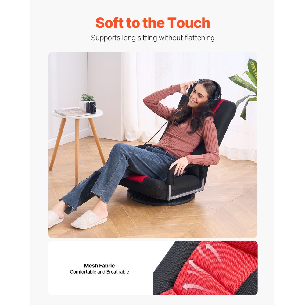 VEVOR Silla Giratoria para Juegos con Reposabrazos 540 x 660 x 760 mm, Silla Giratoria de 360° con Respaldo Plegable de 6 Posiciones Ajustables y Soporte Lumbar, Sofá Reclinable Plegable, Rojo y Negro