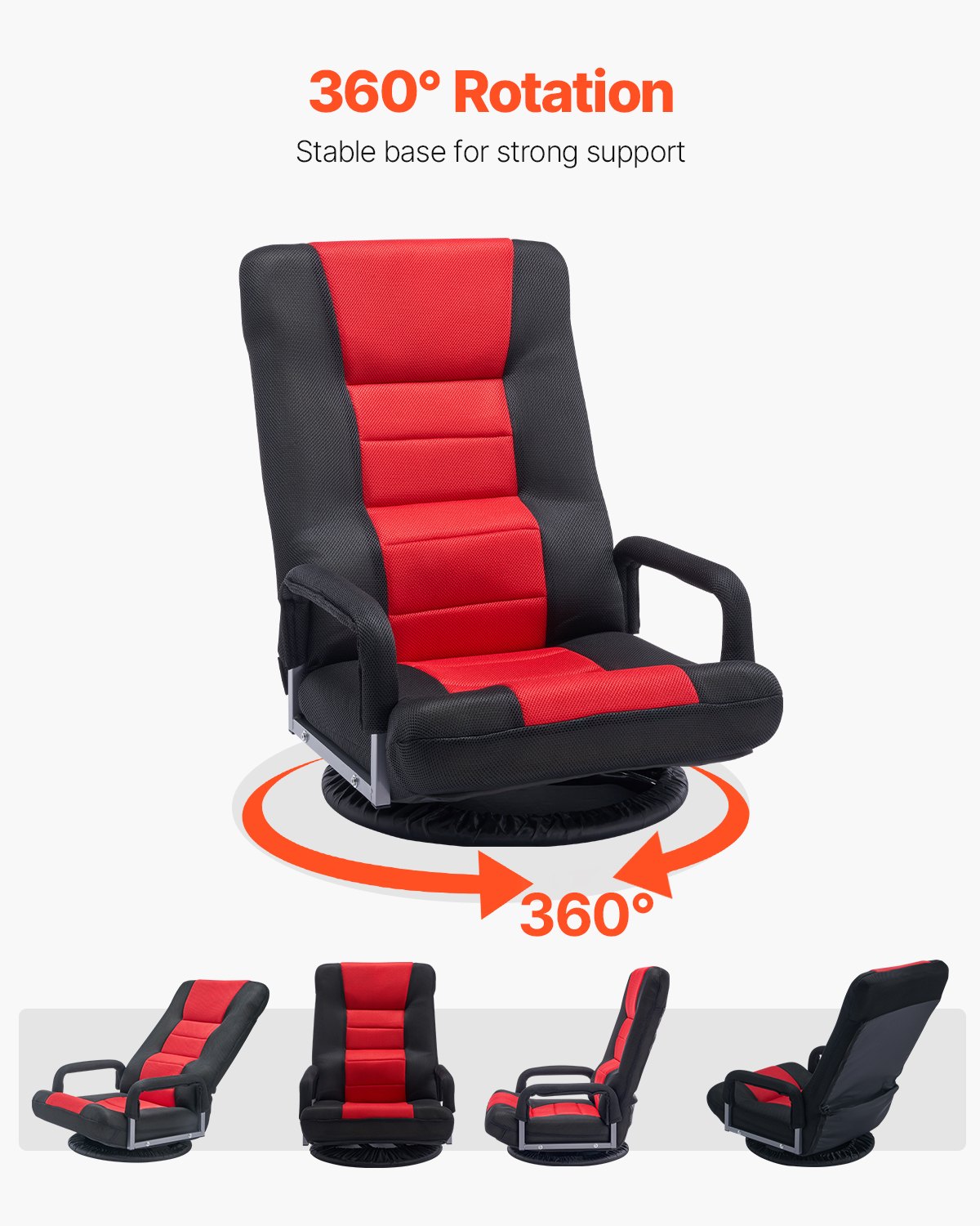 VEVOR Silla Giratoria para Juegos con Reposabrazos 540 x 660 x 760 mm, Silla Giratoria de 360° con Respaldo Plegable de 6 Posiciones Ajustables y Soporte Lumbar, Sofá Reclinable Plegable, Rojo y Negro