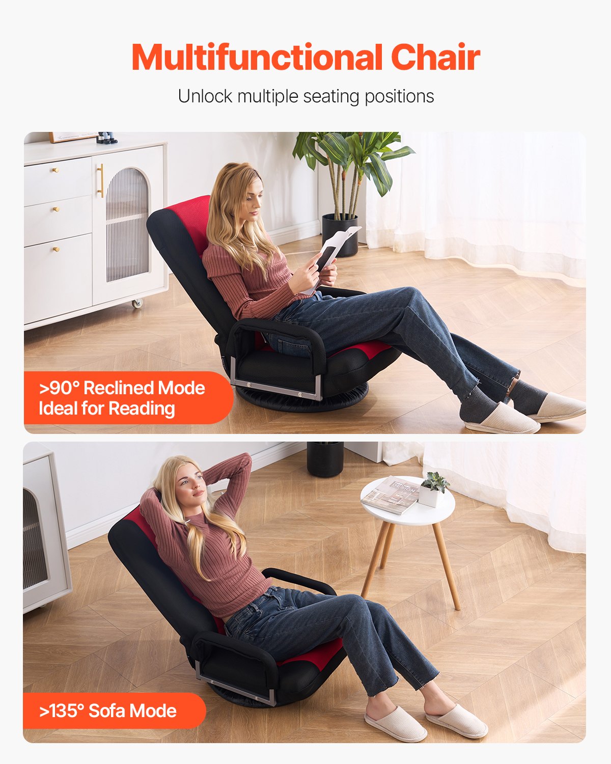 VEVOR Silla Giratoria para Juegos con Reposabrazos 540 x 660 x 760 mm, Silla Giratoria de 360° con Respaldo Plegable de 6 Posiciones Ajustables y Soporte Lumbar, Sofá Reclinable Plegable, Rojo y Negro