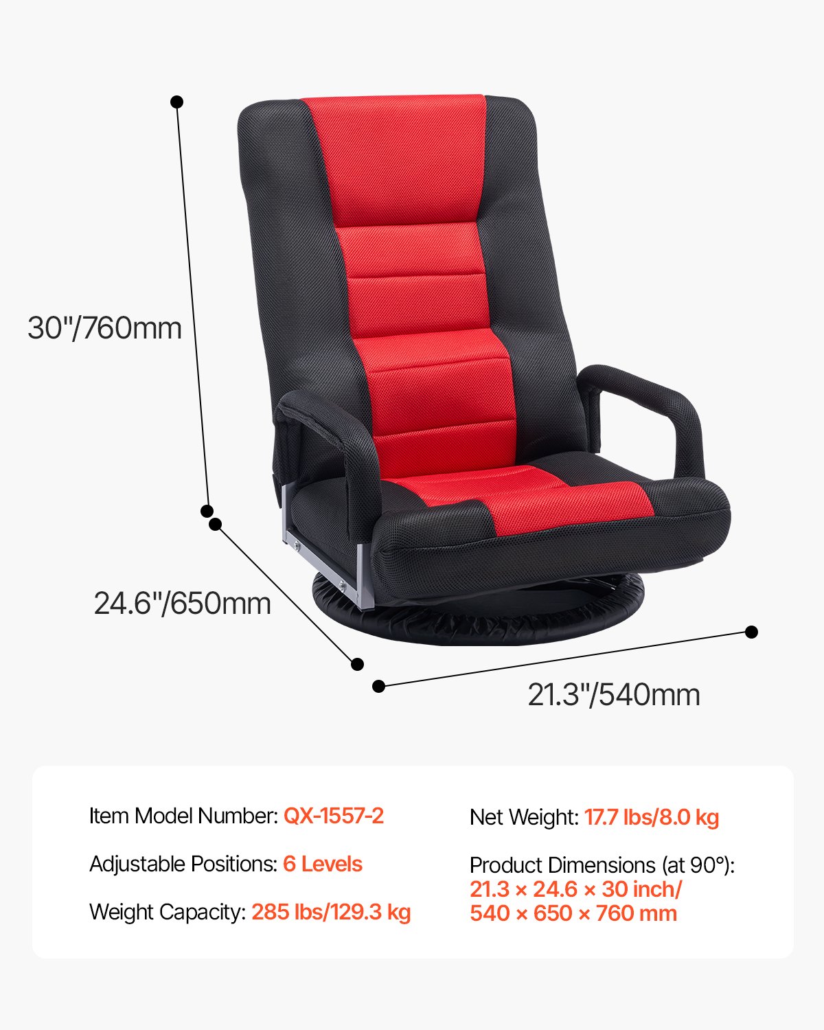VEVOR Silla Giratoria para Juegos con Reposabrazos 540 x 660 x 760 mm, Silla Giratoria de 360° con Respaldo Plegable de 6 Posiciones Ajustables y Soporte Lumbar, Sofá Reclinable Plegable, Rojo y Negro