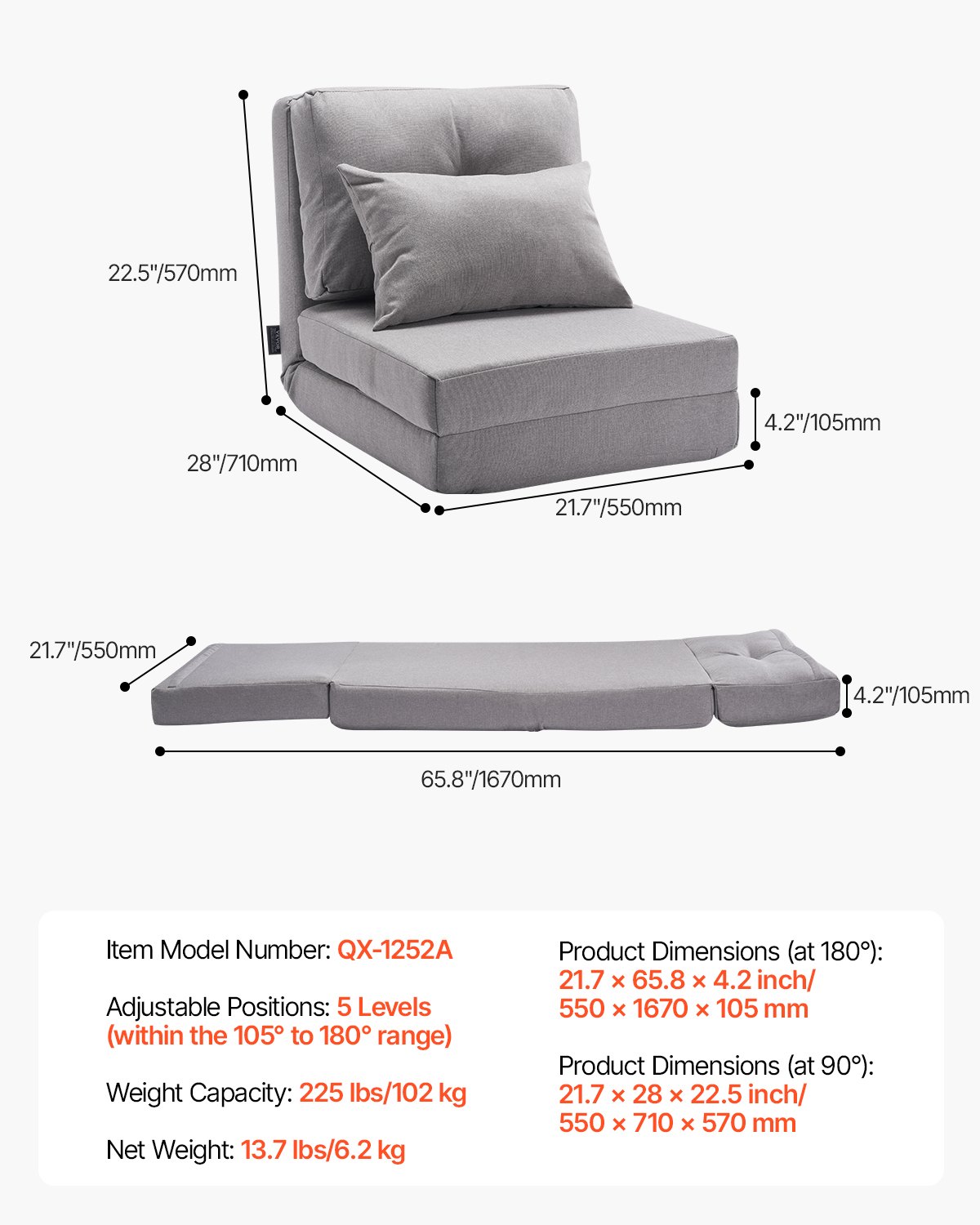 VEVOR Convertible Floor Sofa Bed, 5-Position Adjustable Folding Padded Lazy Sofa with Adjustable Backrest & Cushions, Foldable Sofa for Living Room and Bedroom, Gray