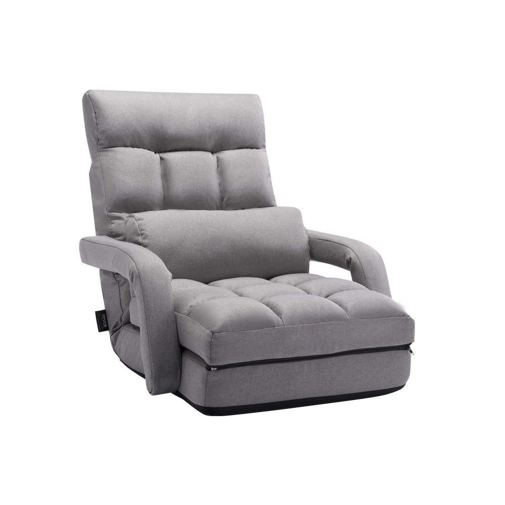 VEVOR Silla de Suelo, Sillón de Suelo con 5 Posiciones Ajustables y Respaldo, Sillón Plegable con Reposabrazos para Adultos, Sofá Cama con Cojín de Respaldo para Sala de Estar y Dormitorio, Gris