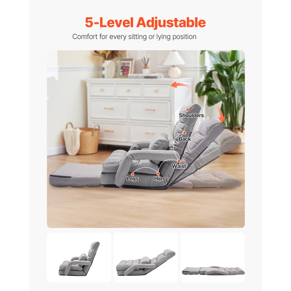 VEVOR Silla de Suelo, Sillón de Suelo con 5 Posiciones Ajustables y Respaldo, Sillón Plegable con Reposabrazos para Adultos, Sofá Cama con Cojín de Respaldo para Sala de Estar y Dormitorio, Gris