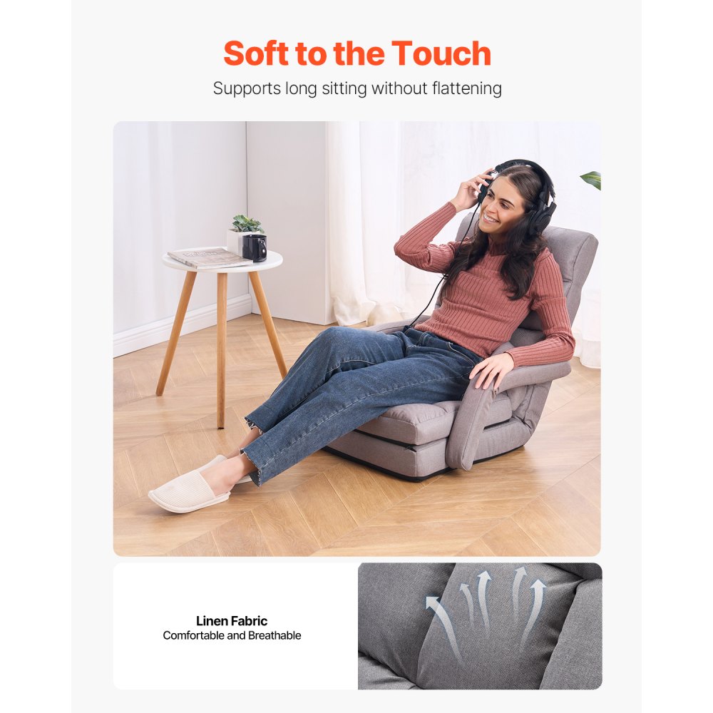 VEVOR Silla de Suelo, Sillón de Suelo con 5 Posiciones Ajustables y Respaldo, Sillón Plegable con Reposabrazos para Adultos, Sofá Cama con Cojín de Respaldo para Sala de Estar y Dormitorio, Gris