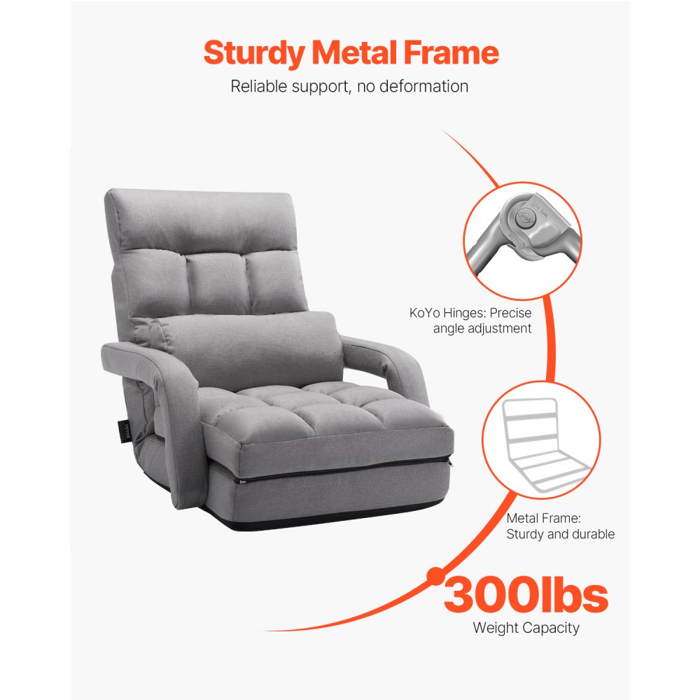 VEVOR Silla de Suelo, Sillón de Suelo con 5 Posiciones Ajustables y Respaldo, Sillón Plegable con Reposabrazos para Adultos, Sofá Cama con Cojín de Respaldo para Sala de Estar y Dormitorio, Gris