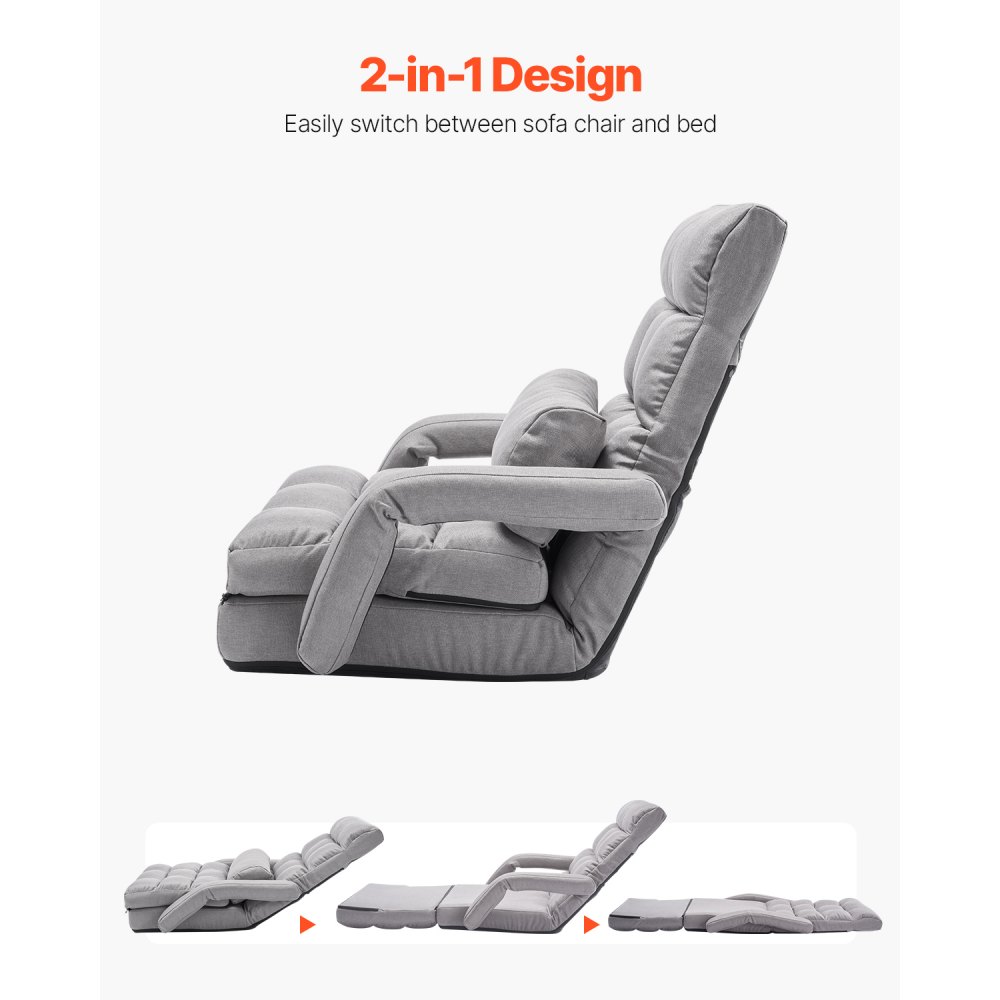 VEVOR Silla de Suelo, Sillón de Suelo con 5 Posiciones Ajustables y Respaldo, Sillón Plegable con Reposabrazos para Adultos, Sofá Cama con Cojín de Respaldo para Sala de Estar y Dormitorio, Gris