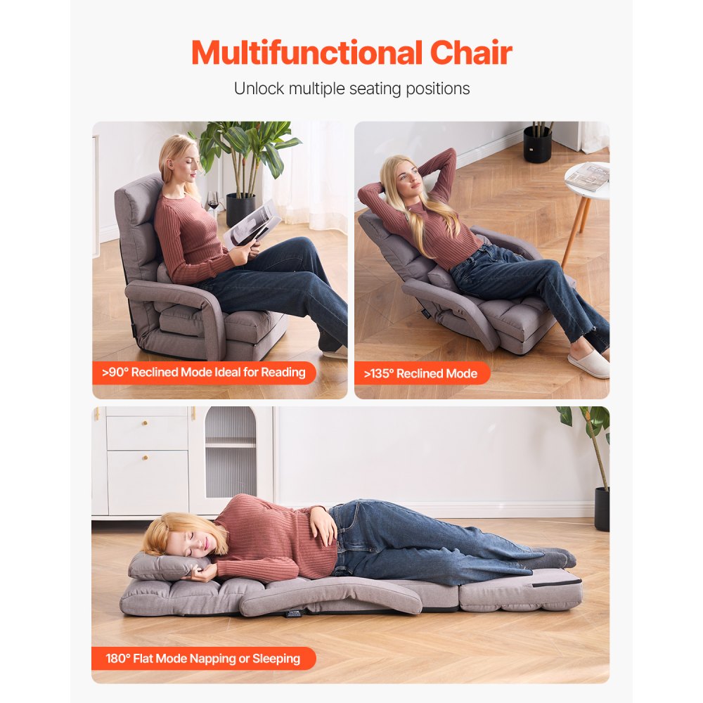 VEVOR Silla de Suelo, Sillón de Suelo con 5 Posiciones Ajustables y Respaldo, Sillón Plegable con Reposabrazos para Adultos, Sofá Cama con Cojín de Respaldo para Sala de Estar y Dormitorio, Gris