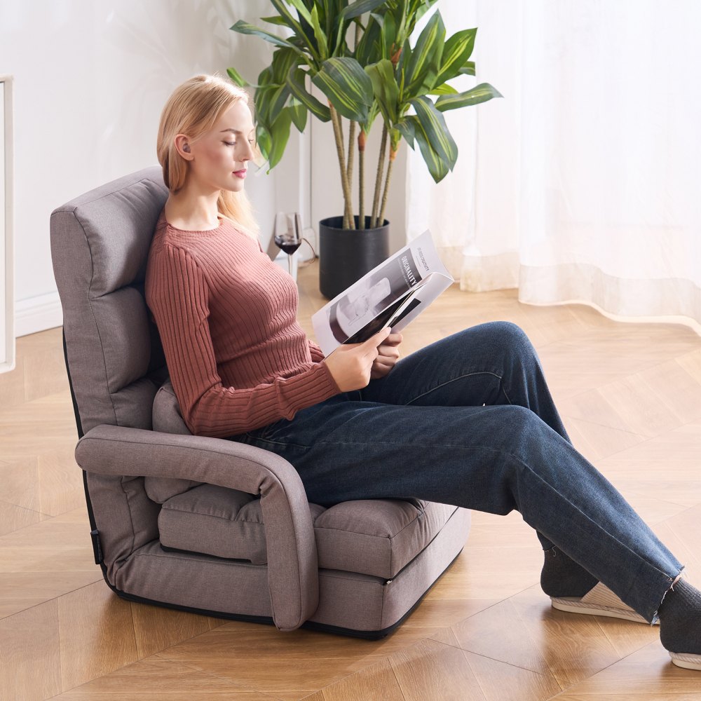VEVOR Silla de Suelo, Sillón de Suelo con 5 Posiciones Ajustables y Respaldo, Sillón Plegable con Reposabrazos para Adultos, Sofá Cama con Cojín de Respaldo para Sala de Estar y Dormitorio, Gris