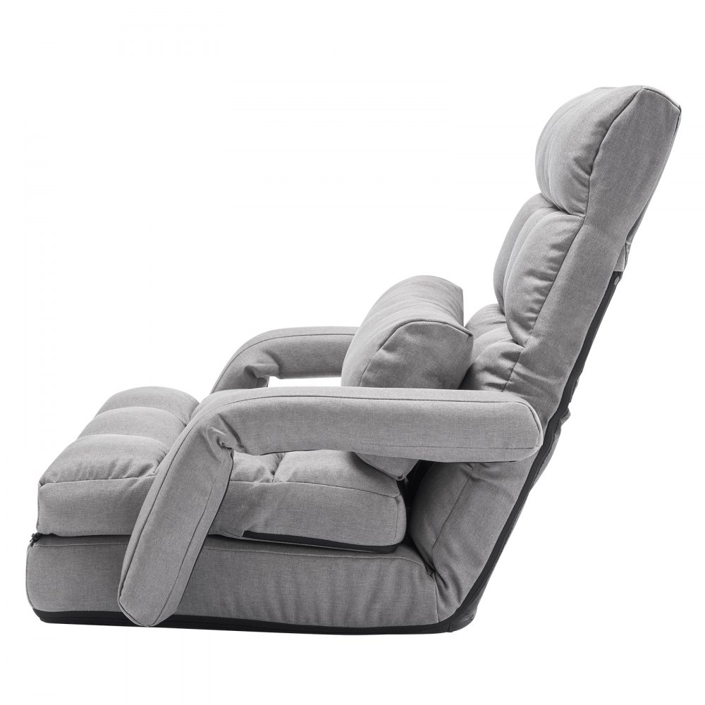VEVOR Silla de Suelo, Sillón de Suelo con 5 Posiciones Ajustables y Respaldo, Sillón Plegable con Reposabrazos para Adultos, Sofá Cama con Cojín de Respaldo para Sala de Estar y Dormitorio, Gris