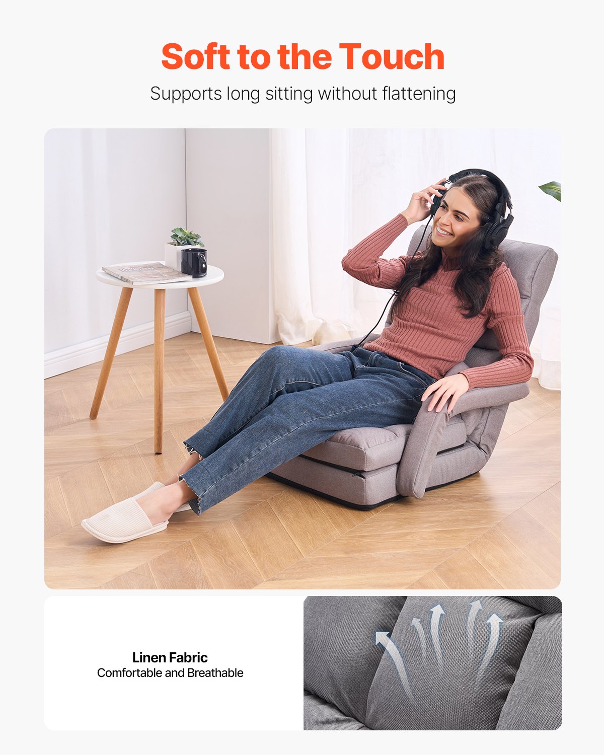 VEVOR Silla de Suelo, Sillón de Suelo con 5 Posiciones Ajustables y Respaldo, Sillón Plegable con Reposabrazos para Adultos, Sofá Cama con Cojín de Respaldo para Sala de Estar y Dormitorio, Gris