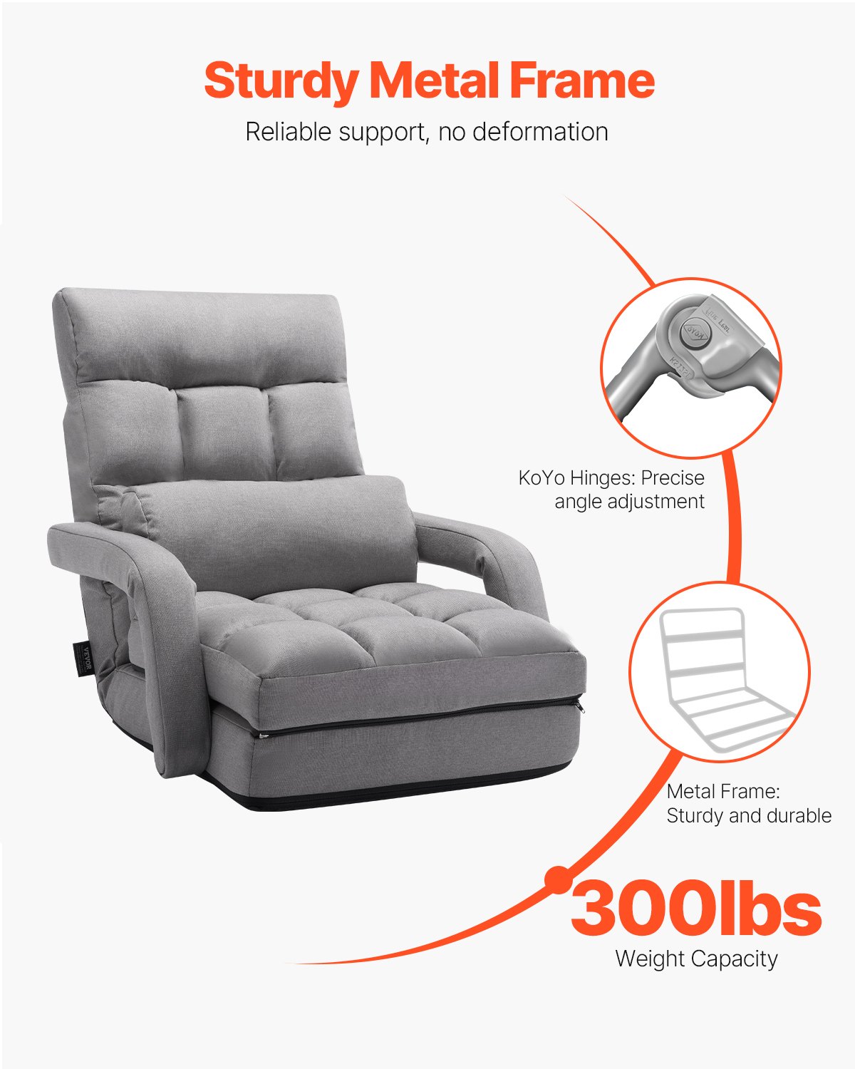 VEVOR Silla de Suelo, Sillón de Suelo con 5 Posiciones Ajustables y Respaldo, Sillón Plegable con Reposabrazos para Adultos, Sofá Cama con Cojín de Respaldo para Sala de Estar y Dormitorio, Gris