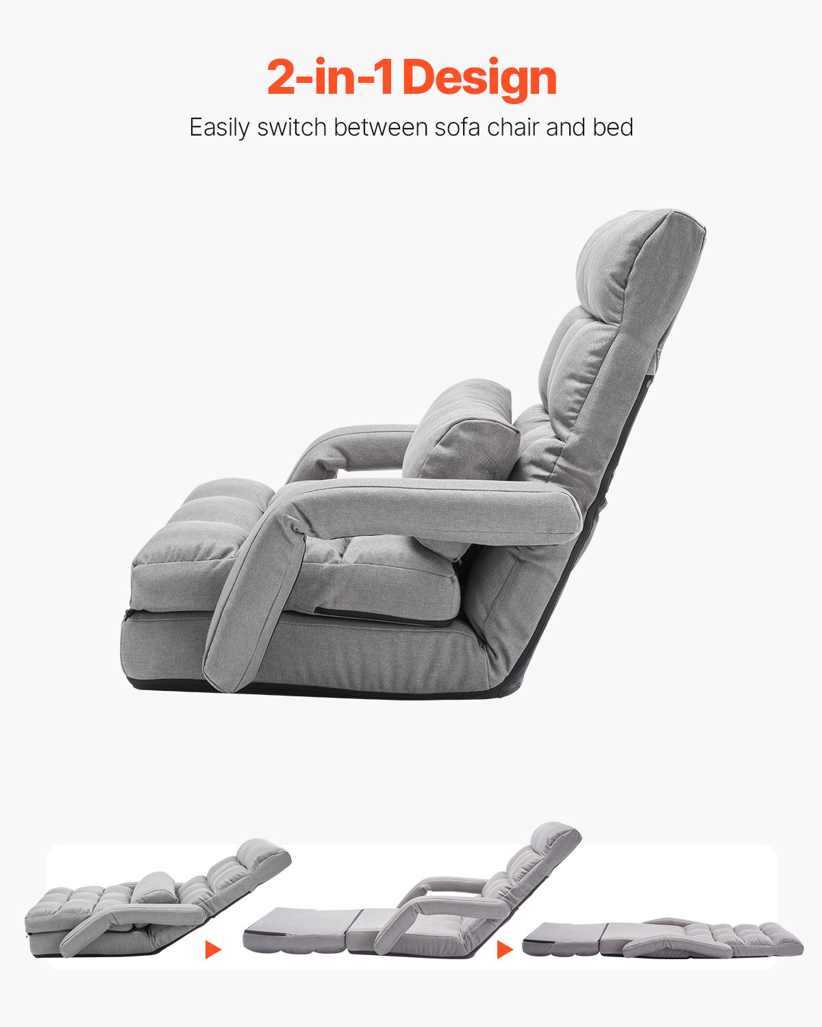VEVOR Silla de Suelo, Sillón de Suelo con 5 Posiciones Ajustables y Respaldo, Sillón Plegable con Reposabrazos para Adultos, Sofá Cama con Cojín de Respaldo para Sala de Estar y Dormitorio, Gris