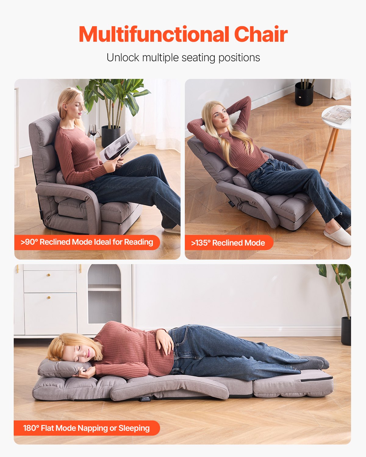 VEVOR Silla de Suelo, Sillón de Suelo con 5 Posiciones Ajustables y Respaldo, Sillón Plegable con Reposabrazos para Adultos, Sofá Cama con Cojín de Respaldo para Sala de Estar y Dormitorio, Gris
