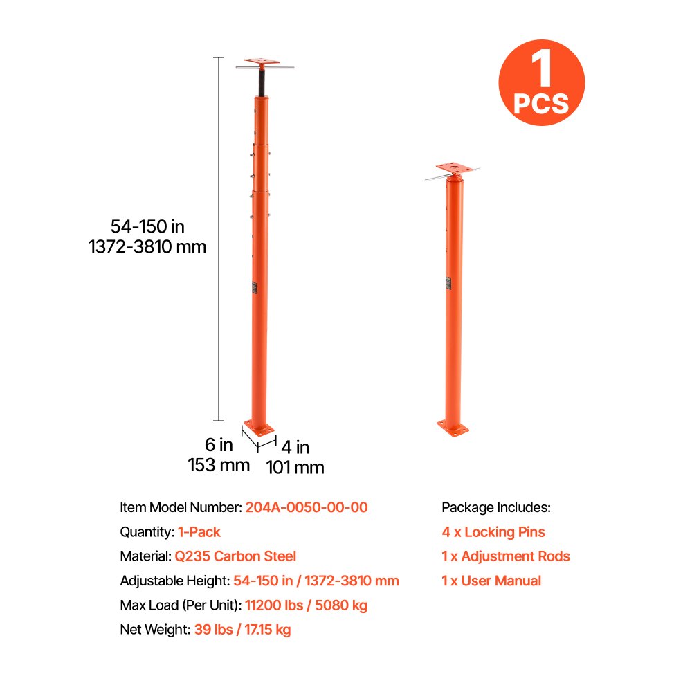 Gato de piso para casa VEVOR, rango de altura de 54" a 150", capacidad de carga máxima de 11200 lb, poste de gato de sótano con viga de soporte ajustable para nivelación, gato telescópico de acero con soporte de elevación para soporte temporal