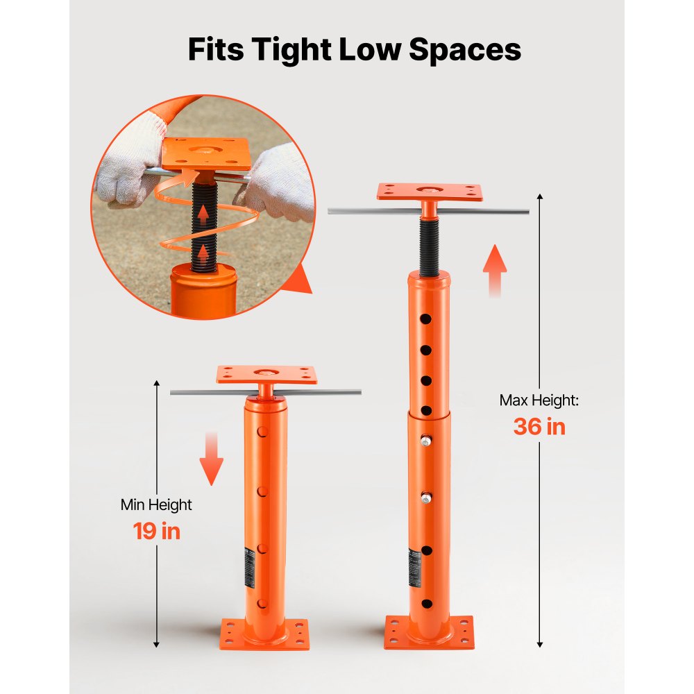 Gato de piso para casa VEVOR, rango de altura de 19" a 36", capacidad de carga máxima de 18000 lb, poste de gato de sótano con viga de soporte ajustable para nivelación, poste de gato telescópico de acero con soporte de elevación para soporte temporal