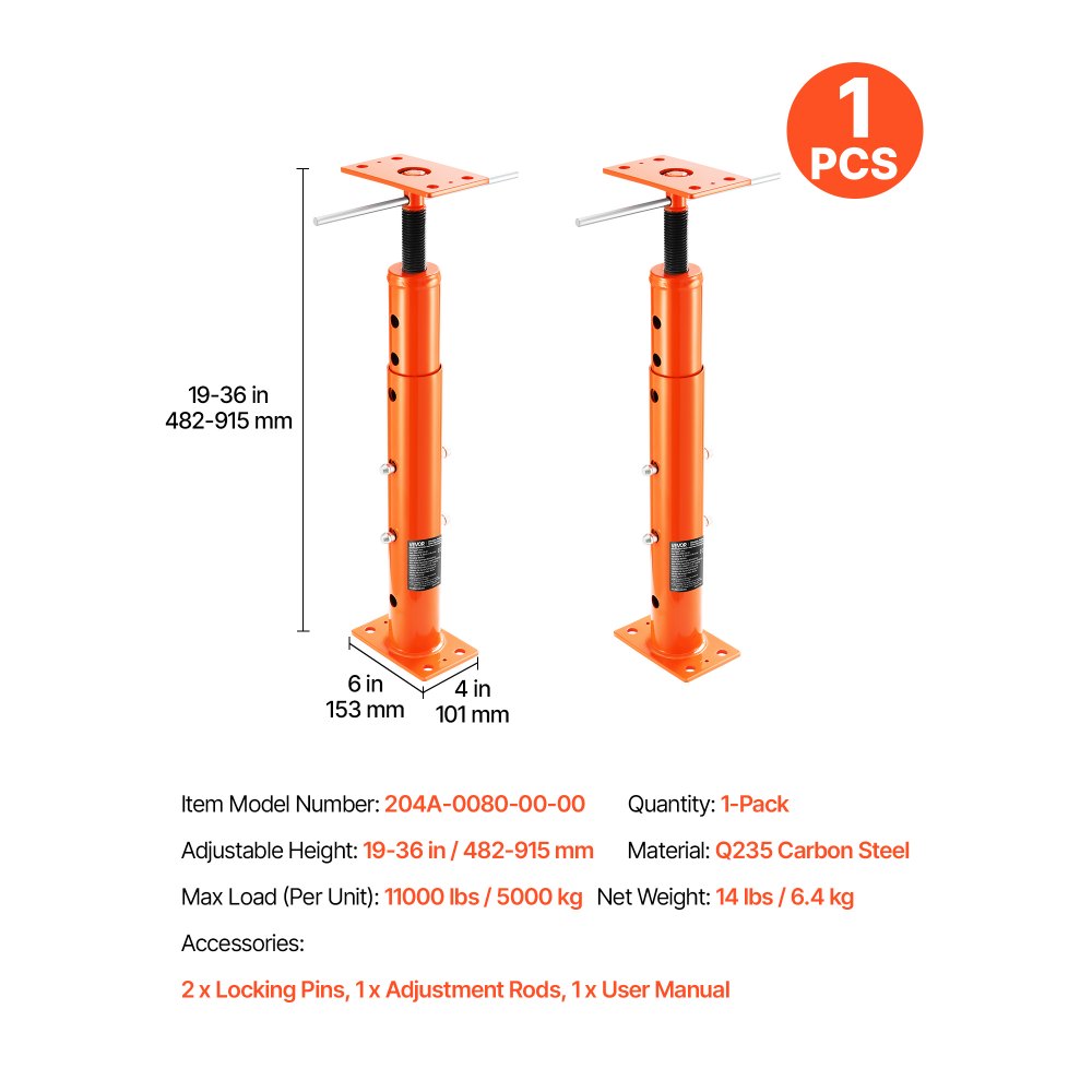 Gato de piso para casa VEVOR, rango de altura de 19" a 36", capacidad de carga máxima de 18000 lb, poste de gato de sótano con viga de soporte ajustable para nivelación, poste de gato telescópico de acero con soporte de elevación para soporte temporal