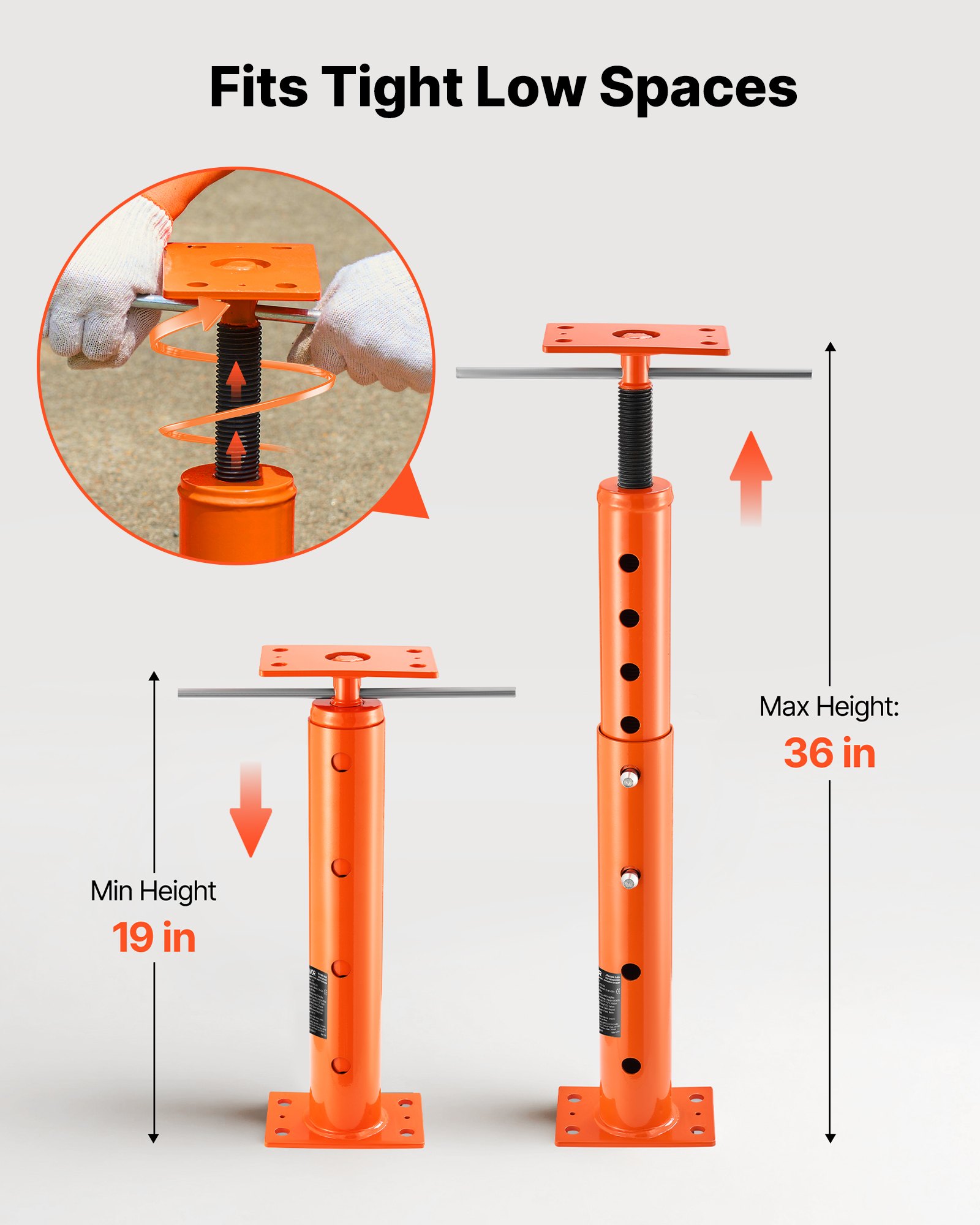 Gato de piso para casa VEVOR, rango de altura de 19" a 36", capacidad de carga máxima de 18000 lb, poste de gato de sótano con viga de soporte ajustable para nivelación, poste de gato telescópico de acero con soporte de elevación para soporte temporal