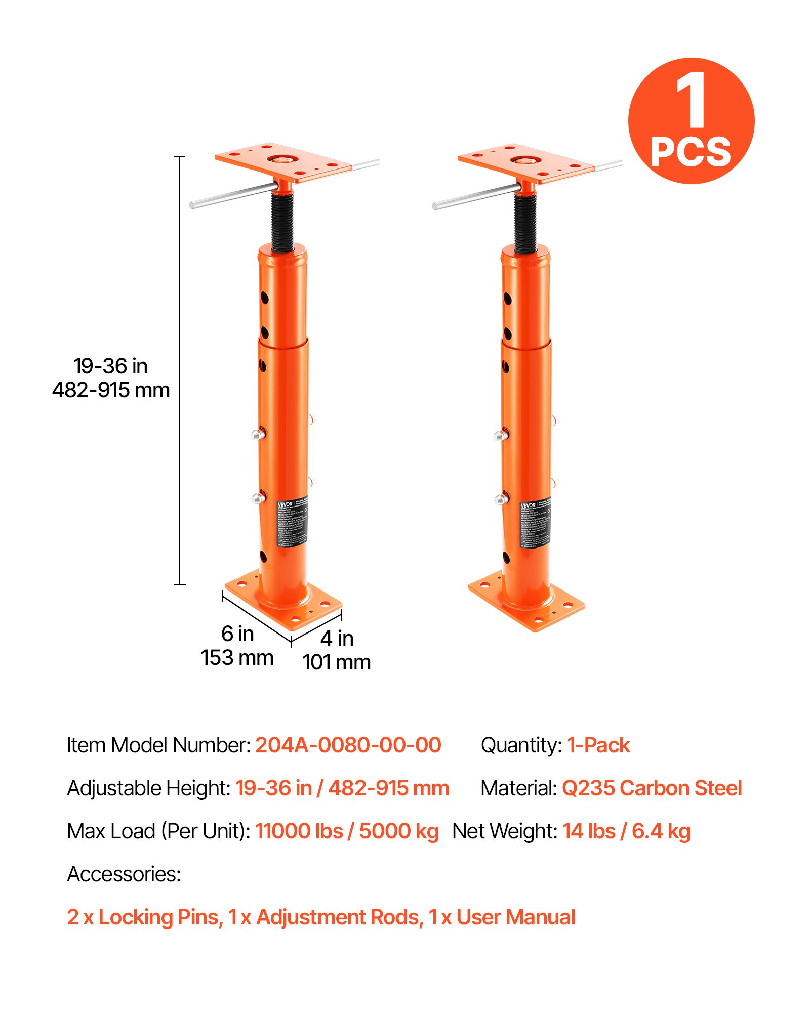 Gato de piso para casa VEVOR, rango de altura de 19" a 36", capacidad de carga máxima de 18000 lb, poste de gato de sótano con viga de soporte ajustable para nivelación, poste de gato telescópico de acero con soporte de elevación para soporte temporal