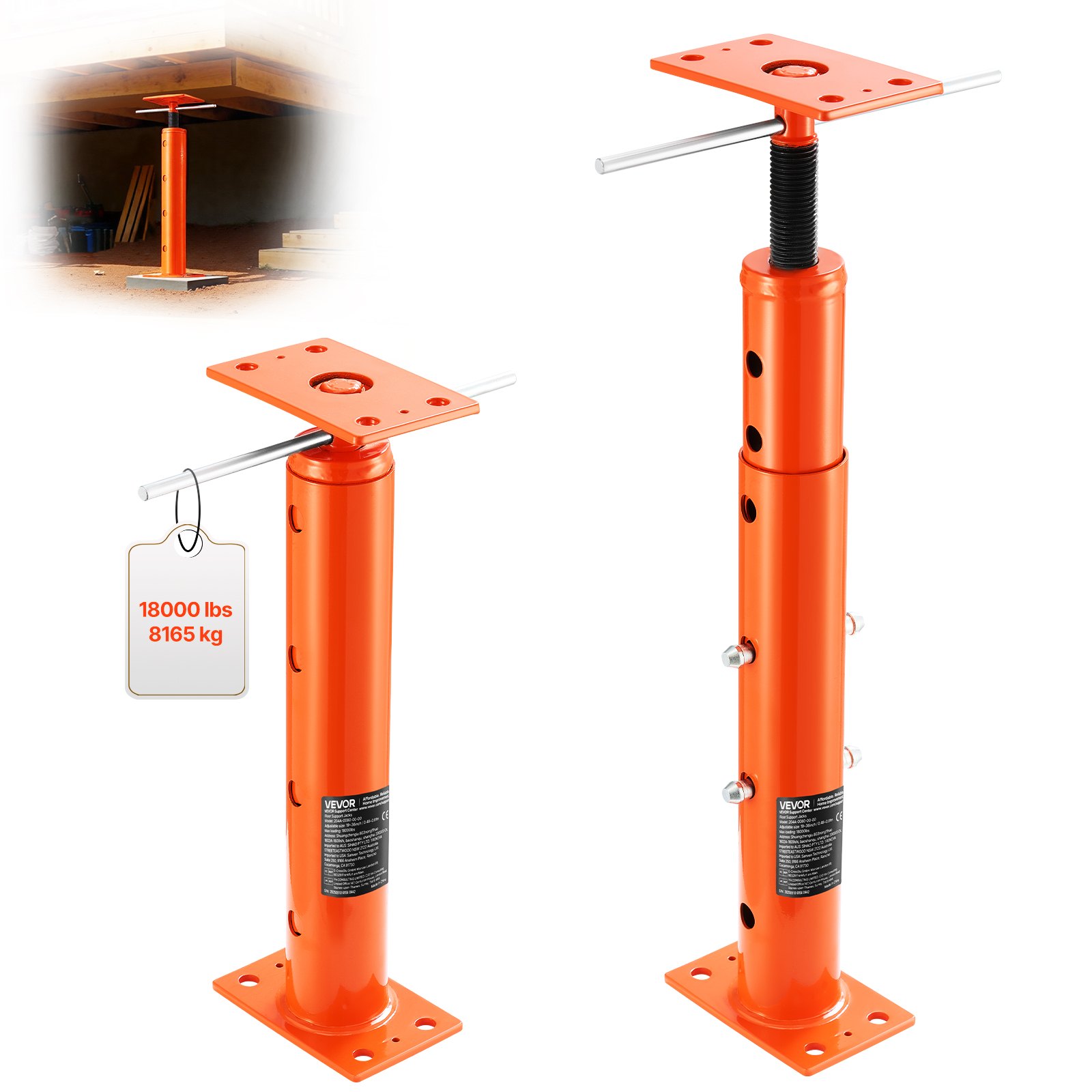 Gato de piso para casa VEVOR, rango de altura de 19" a 36", capacidad de carga máxima de 18000 lb, poste de gato de sótano con viga de soporte ajustable para nivelación, poste de gato telescópico de acero con soporte de elevación para soporte temporal