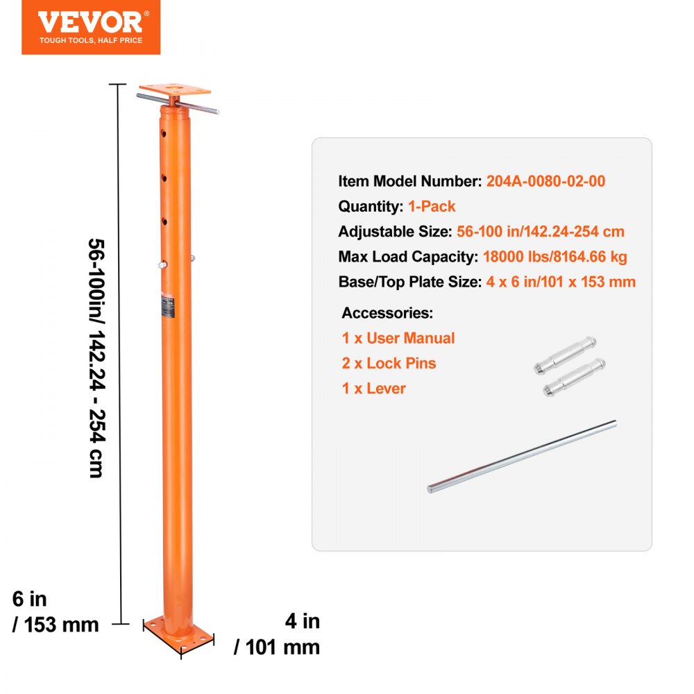 Gato de piso para casa VEVOR, rango de altura de 56" a 100", capacidad de carga máxima de 18000 lb, poste de gato de sótano con viga de soporte ajustable para nivelación, gato telescópico de acero con soporte de elevación para soporte temporal
