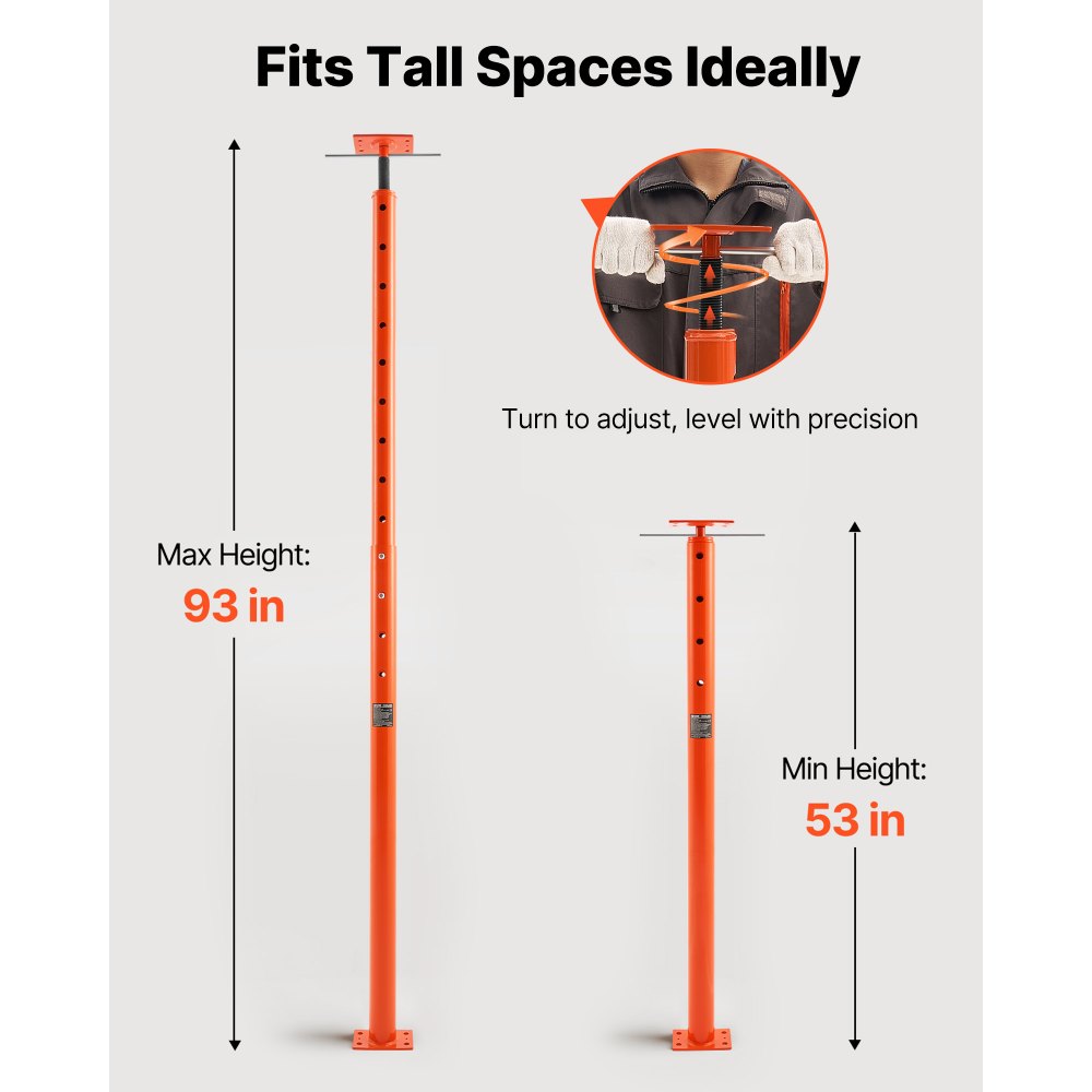 Gato de piso para casa VEVOR, rango de altura de 53" a 93", capacidad de carga máxima de 18000 lb, poste de gato de sótano con viga de soporte ajustable para nivelación, poste de gato telescópico de acero con soporte de elevación para soporte temporal