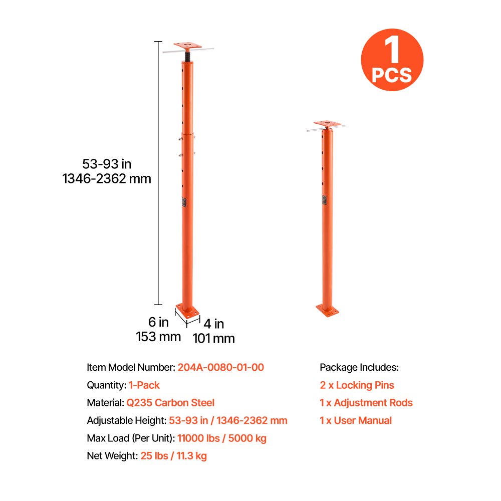 Gato de piso para casa VEVOR, rango de altura de 53" a 93", capacidad de carga máxima de 18000 lb, poste de gato de sótano con viga de soporte ajustable para nivelación, poste de gato telescópico de acero con soporte de elevación para soporte temporal