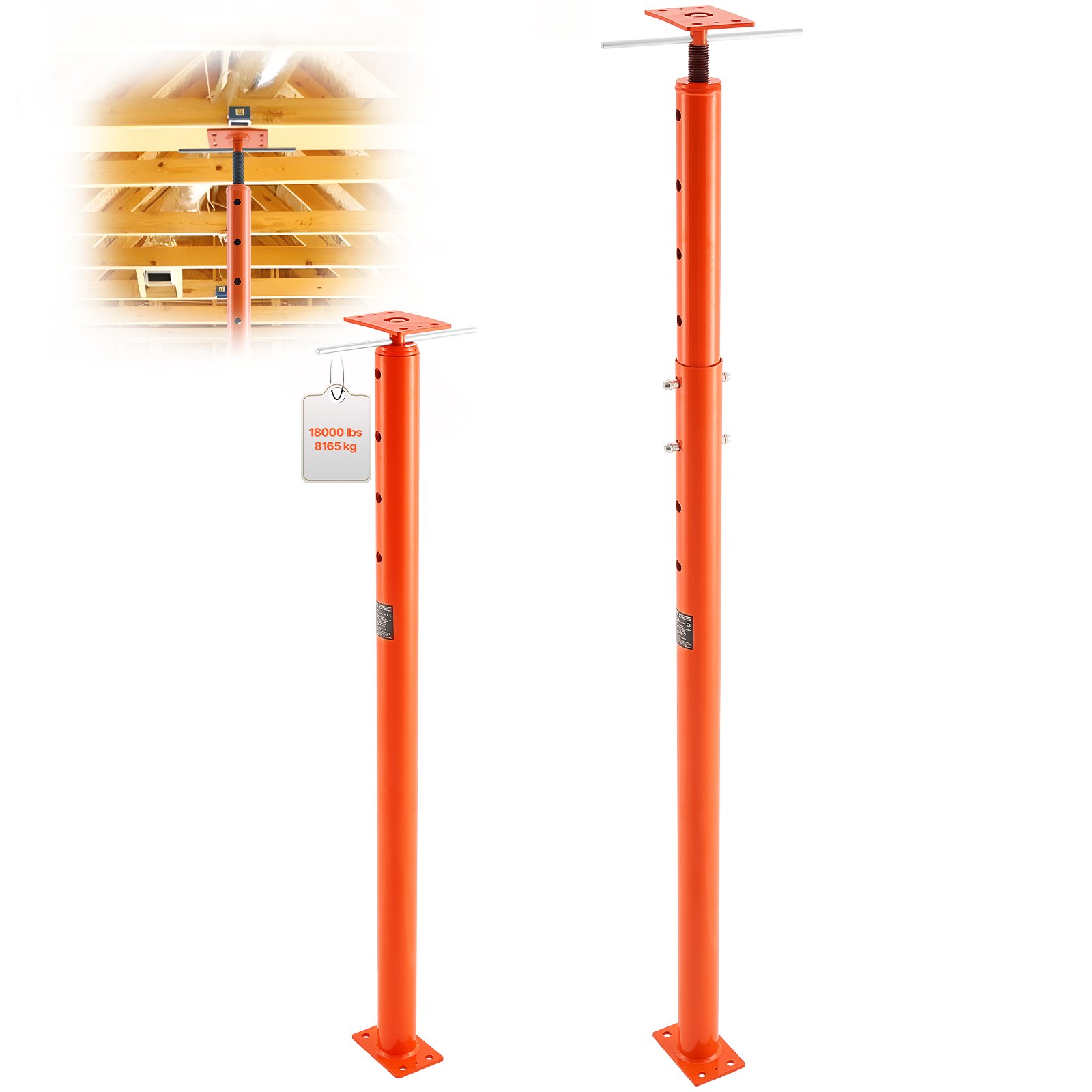 Gato de piso para casa VEVOR, rango de altura de 53" a 93", capacidad de carga máxima de 18000 lb, poste de gato de sótano con viga de soporte ajustable para nivelación, poste de gato telescópico de acero con soporte de elevación para soporte temporal