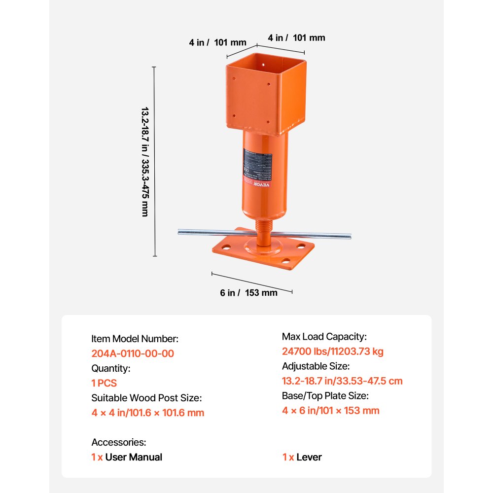 Poste de gato de tornillo VEVOR, 4" x 4", rango de altura de 13,2" a 18,7", capacidad de carga máxima de 24700 lb, gato de tierra ajustable, poste de gato de casa temporal para nivelar el hogar, levantar el piso, el sótano, el espacio de acceso, la viga de tierra