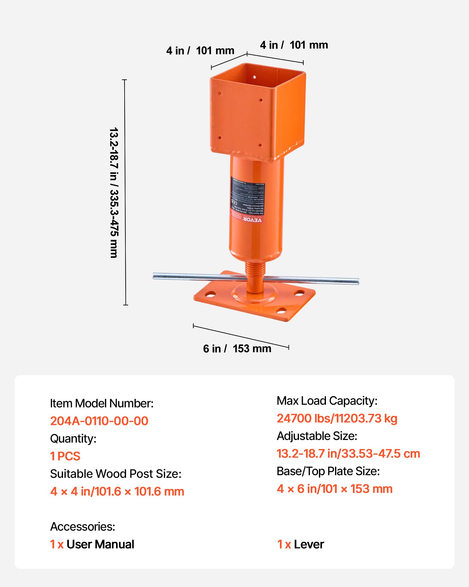 Poste de gato de tornillo VEVOR, 4" x 4", rango de altura de 13,2" a 18,7", capacidad de carga máxima de 24700 lb, gato de tierra ajustable, poste de gato de casa temporal para nivelar el hogar, levantar el piso, el sótano, el espacio de acceso, la viga de tierra