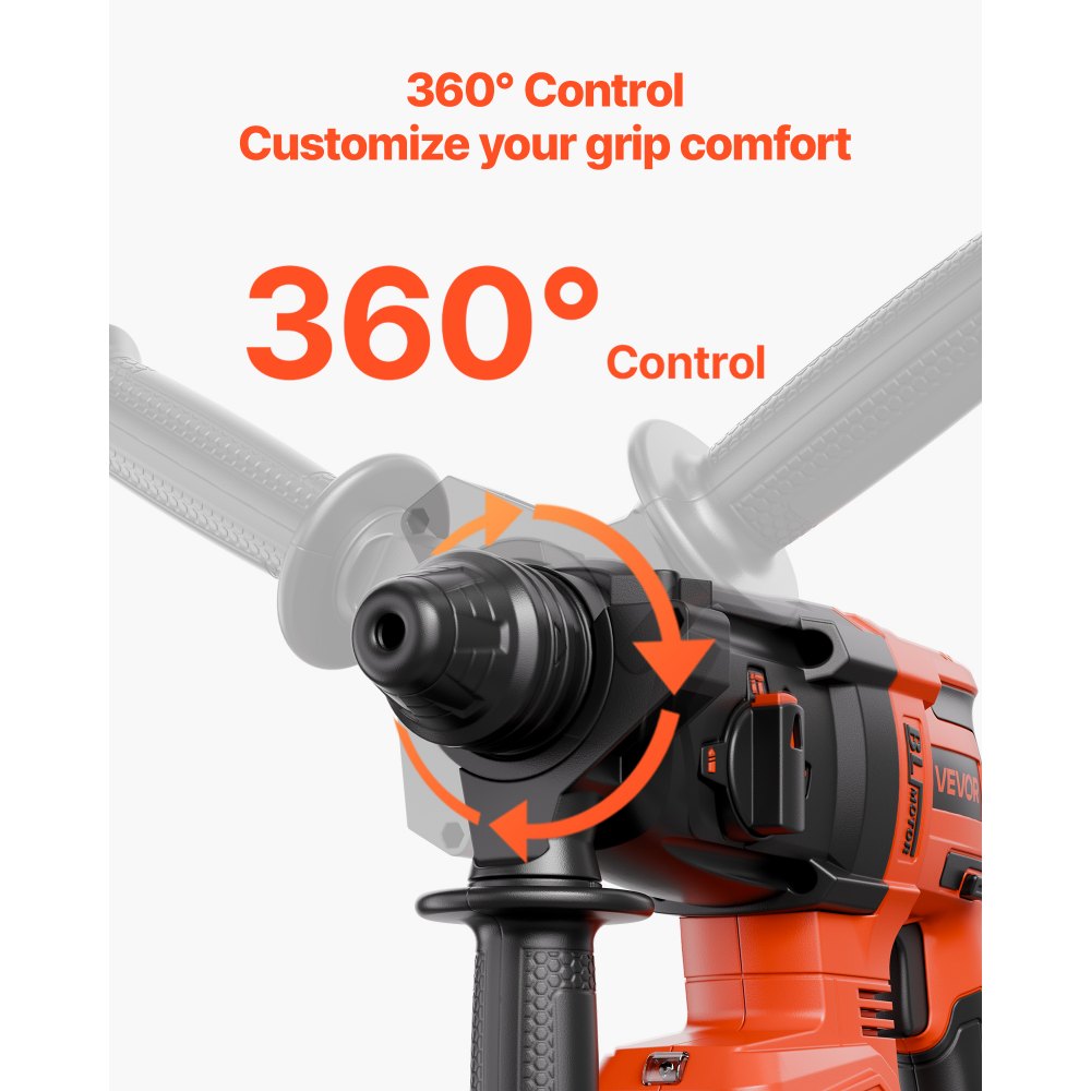 VEVOR Taladro Percutor Inalámbrico sin Escobillas, Atornillador Rotativo de 26 mm Kit de Herramientas Eléctricas Ligeras SDS-Plus con Batería de Litio y Cargador, 4 Funciones 1200 RPM 5300 BPM
