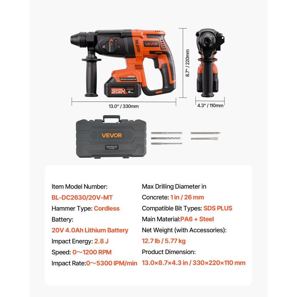 VEVOR Taladro Percutor Inalámbrico sin Escobillas, Atornillador Rotativo de 26 mm Kit de Herramientas Eléctricas Ligeras SDS-Plus con Batería de Litio y Cargador, 4 Funciones 1200 RPM 5300 BPM