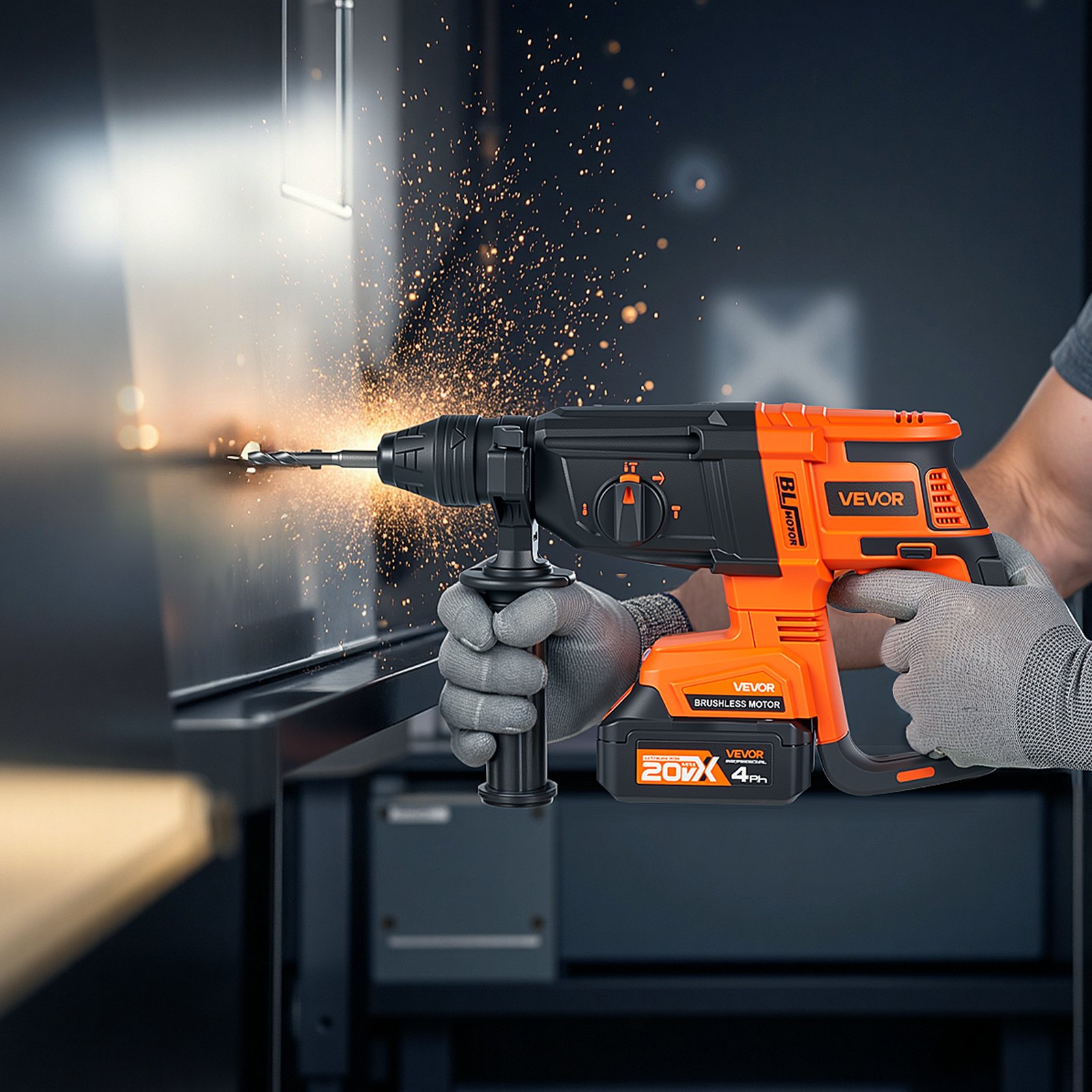 VEVOR 20V Brushless Cordless Rotary Hammer, Lithium-Ion 28mm Rotary Hammer, SDS-Plus Lightweight Electric Kit with Battery, Charger & Carrying Case, 4 Functions, 1200 RPM, 5300 BPM