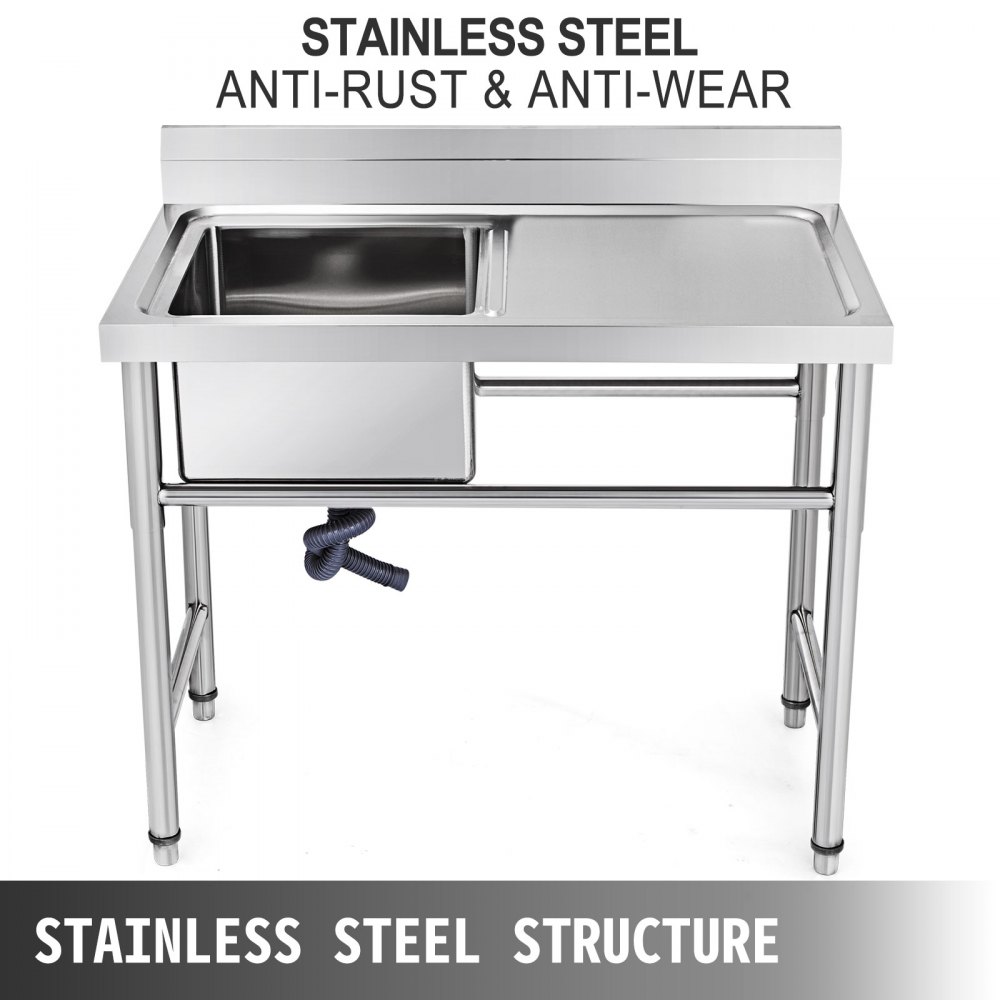 VEVOR Fregadero Comercial de Acero Inoxidable para Fregadero de Cocina, 1 Compartimientos de Tamaño Total 100 x 61 x 95 cm Plata, Hecho a Mano Con Plataforma Derecha para Fregadero de Barra Inferior