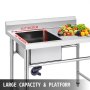 VEVOR Fregadero Comercial de Acero Inoxidable para Fregadero de Cocina, 1 Compartimientos de Tamaño Total 100 x 61 x 95 cm Plata, Hecho a Mano Con Plataforma Derecha para Fregadero de Barra Inferior