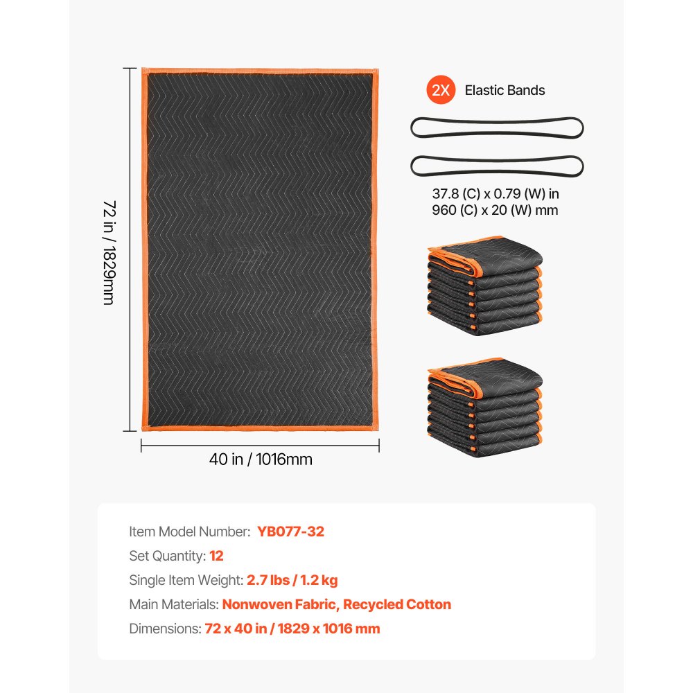 VEVOR Mantas de Embalaje y Mudanza 12 Piezas 1829 x 1016 mm, Manta para Envolver Muebles, Estructura de 3 Capas de Tela no Tejida y Relleno de Algodón para Envíos, Embalaje, Protección de Muebles