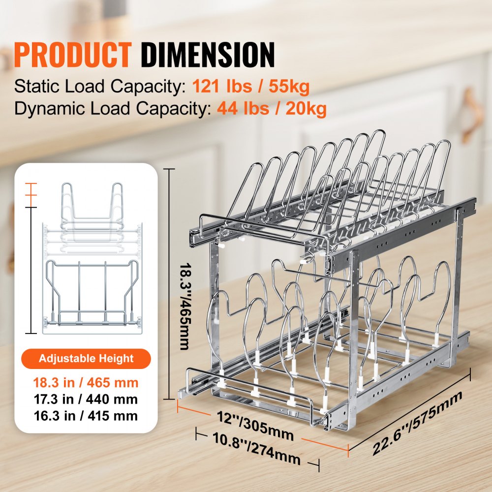 VEVOR Almacenamiento extensible para tapas de ollas, organizador de sartenes de 2 niveles, 30,5 x 57,5 ​​x 46,5 cm, estante para ollas con divisor ajustable, estante para ollas, utensilios de cocina p