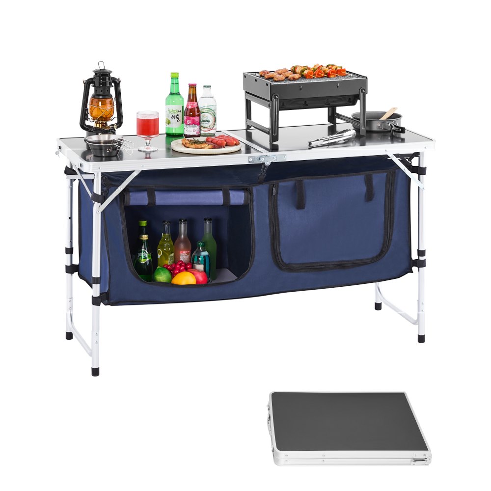 VEVOR Mesa de Cocina Plegable para Exteriores, Altura en 3 Niveles, Estación de Cocina Portátil Liviana Aluminio con Organizador de Almacenamiento, Asa de Transporte, para Barbacoa, Fiesta, Azul