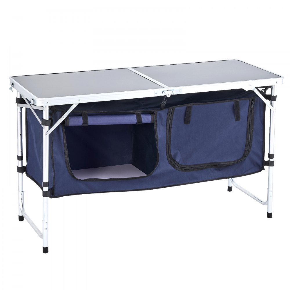 VEVOR Mesa de Cocina Plegable para Exteriores, Altura en 3 Niveles, Estación de Cocina Portátil Liviana Aluminio con Organizador de Almacenamiento, Asa de Transporte, para Barbacoa, Fiesta, Azul