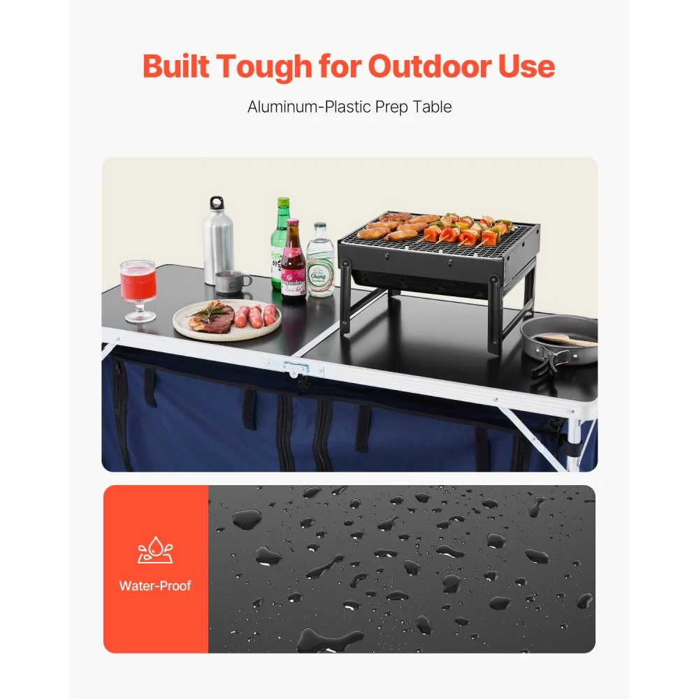 VEVOR Mesa de Cocina Plegable para Exteriores, Altura en 3 Niveles, Estación de Cocina Portátil Liviana Aluminio con Organizador de Almacenamiento, Asa de Transporte, para Barbacoa, Fiesta, Azul