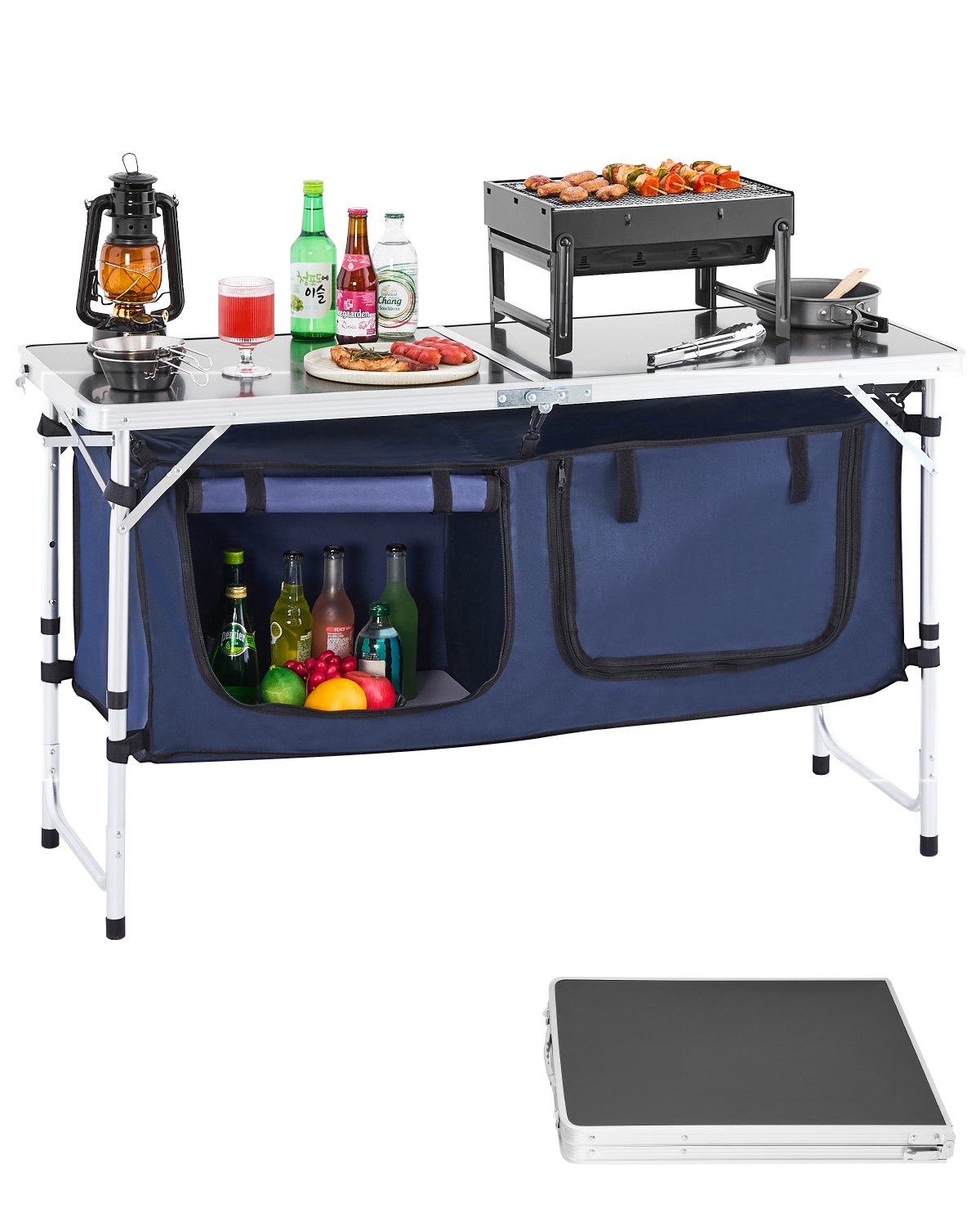 VEVOR Mesa de Cocina Plegable para Exteriores, Altura en 3 Niveles, Estación de Cocina Portátil Liviana Aluminio con Organizador de Almacenamiento, Asa de Transporte, para Barbacoa, Fiesta, Azul