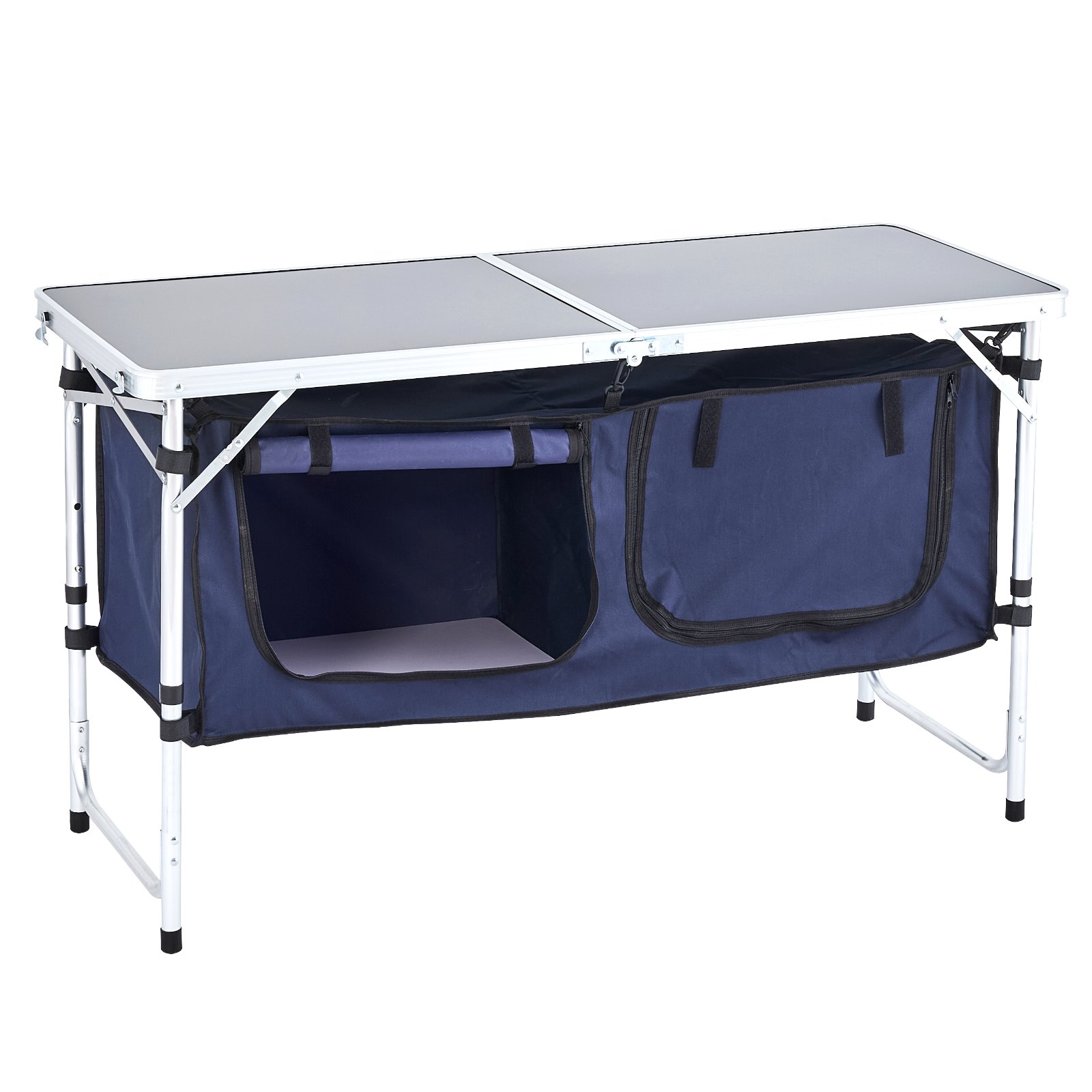 VEVOR Mesa de Cocina Plegable para Exteriores, Altura en 3 Niveles, Estación de Cocina Portátil Liviana Aluminio con Organizador de Almacenamiento, Asa de Transporte, para Barbacoa, Fiesta, Azul