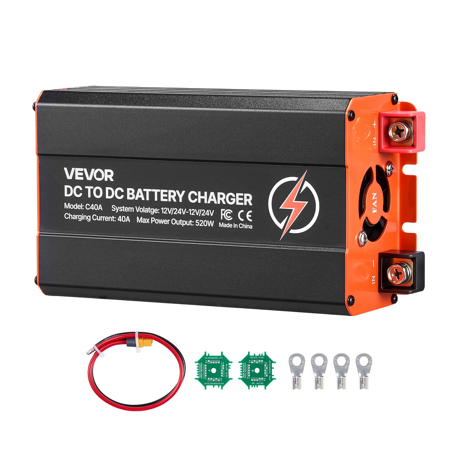 VEVOR Cargador de Batería CC a CC, 520 W, Cargador de Batería Integrado de 40 A, para Estaciones de Energía Portátiles, Compatible con Baterías de Plomo-ácido LiFePO4 AGM GEL, 12 V/24 V-12 V/24 V