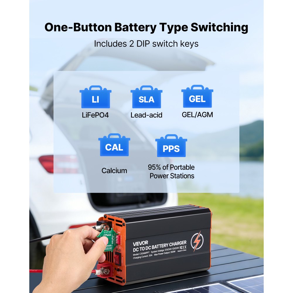 VEVOR Cargador de Batería CC a CC con MPPT, 350 W, Cargador de Batería Integrado de 30 A, Entrada Dual para Panel Solar/Alternador, para Baterías de Plomo-ácido LiFePO4, 12 V/24 V - 12 V/24 V